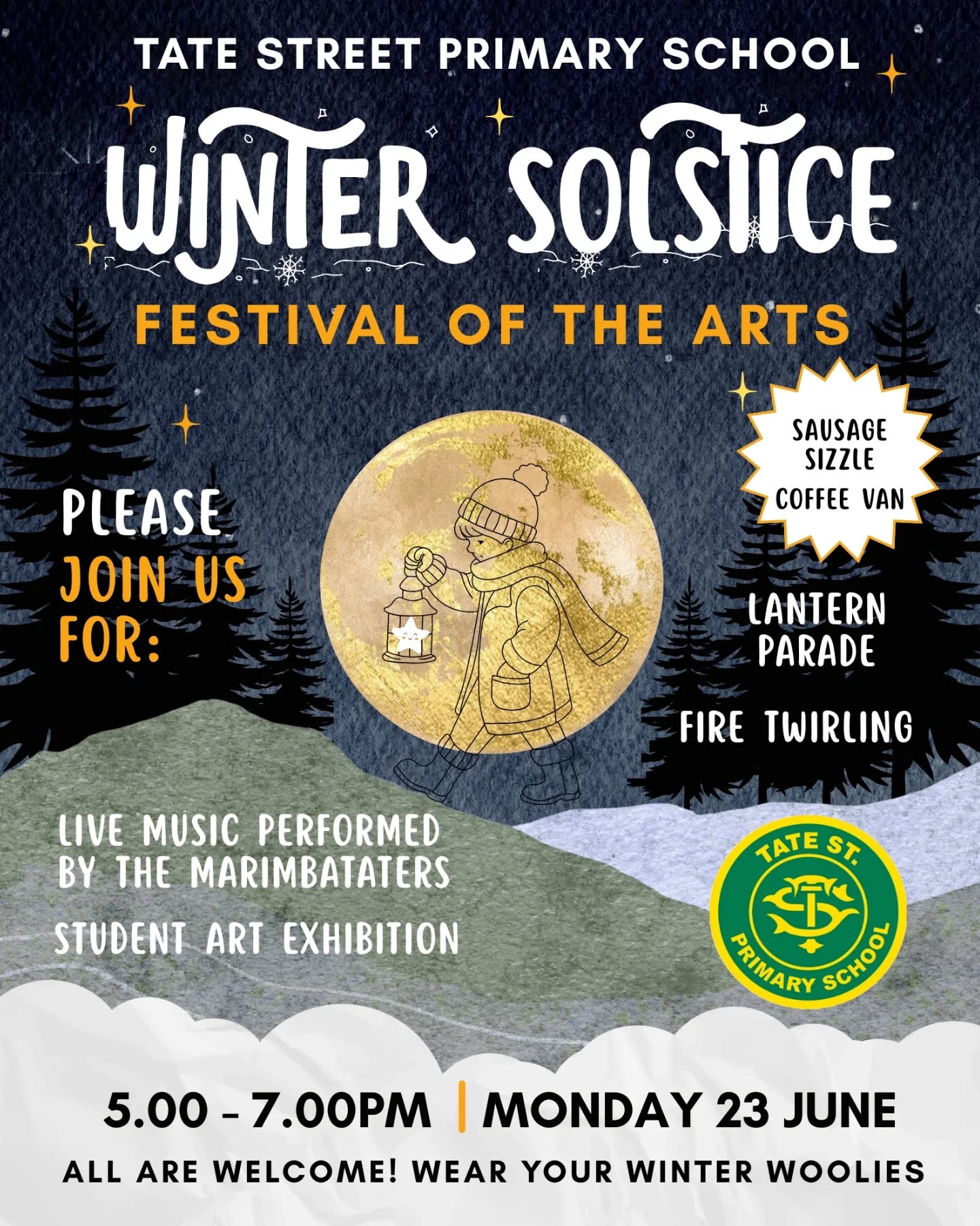 Join us for a magical evening under the stars at the Tate Street Primary School Winter Solstice - Festival of the Arts!
Celebrate the longest night of the year with live music from The Marimbataters, a student art exhibition, a lantern parade, and dazzling fire twirling.
Warm up with a sausage sizzle and coffee van, and don’t forget to wear your winter woolies!
Monday 23 June | 5:00–7:00 PM
Everyone’s welcome – bring your family and friends!