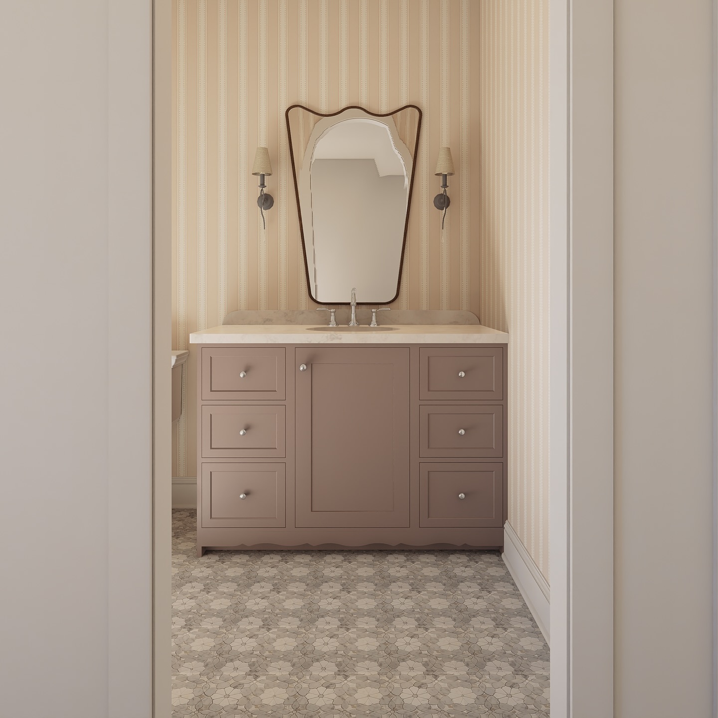 A bathroom glow-up for a tiny queen 👑
Mauve everything, floral marble mosaic floors, and a tub that’s as cute as it is chic. Yes, even little girls get luxe bathrooms around here 💅🏼
#kidsbathroomdesign #Girlsbathroomgoals #mauvemoment #floraltile #bathroominspo #Interiorrendering #3Ddesign #digitalinteriordesign