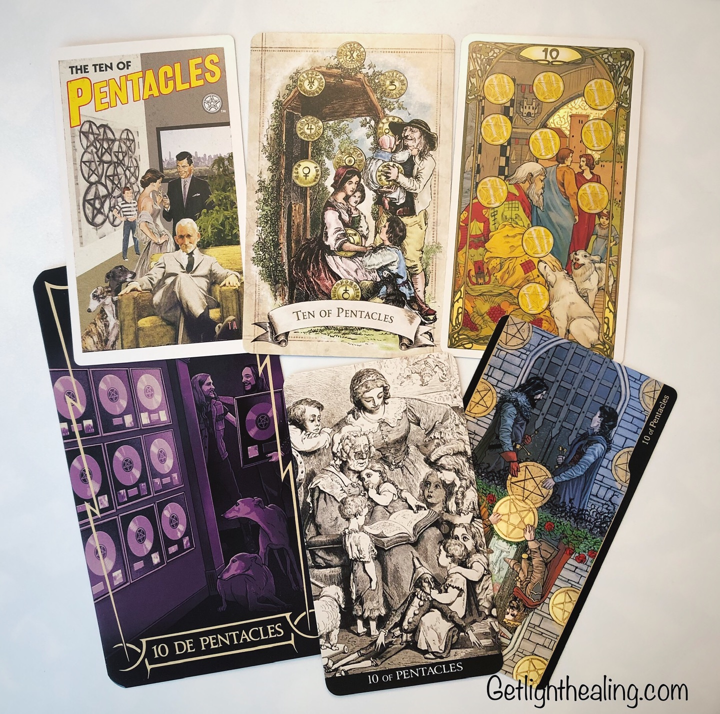 Guidance for June 8, 2025: 10 of Coins “Building a Worthy Legacy”
#thepulptarot displays a wealthy, successful family enjoying a comfortable life built on responsibility, dedication & effort-most probably from the older man relaxing with his dogs. Dogs-devotion, loyalty & domestic life. His time/focus/attention has been on building long term benefits; a life of comfort & security where he & his family could benefit. Balance of career & family life will be highlighted this week.
#tarotmetal shows two musicians appreciating their wall of gold records-a sign of abundance after years of hard work & effort resulting in a successful career. Themes of ownership, greatness & doing things impressively are expressed in this card. Focus on long-term benefits rather than instant gains.
#oldstyletarot is the picture of happiness, harmony & contentment within the domestic environment. Finding strength, support & protection within the clan. Time of year when many chose to settle down & start a family or participate in old family traditions & celebrations. You may feel more conventional & conservative now.
Inheritance, legacy & looking to the future-anything handed down to younger generations- are also major themes. #goldenartnouveautarot features hands placed on the heads of those poised to benefit from the fruits of their predecessors’ efforts. The old man will bless those who show loyalty, while the woman will pass on her traits or values to her children. What are you passing on?
#gustavedoretarot we see an illustration of a grandmother telling stories to her grandchildren. A symbol of instilling old-fashioned values or passing on the “Old Ways” to younger generations so they may benefit. In time, their children will inherit & pass on these old school ways.
#tarotofoppositions depicts a couple coldly being denied access to comfort perhaps due to family conflict or a loss of wealth. Outcasts, they are shut out creating instability & insecurity. A golden prison. Material security loses meaning when its devoid of familial warmth or support. A reminder to emotionally invest into what’s truly worthwhile.