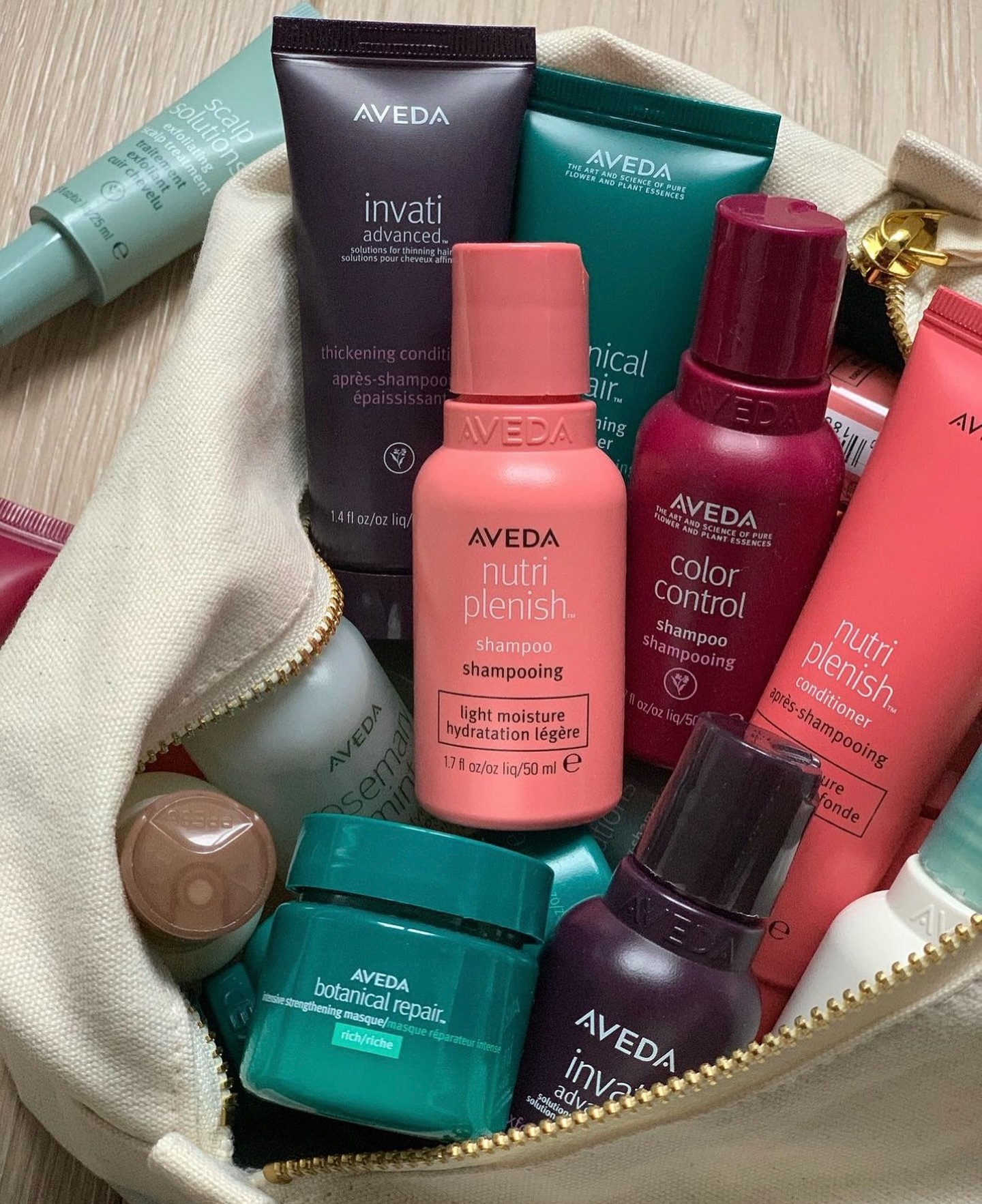 Mini but mighty! Aveda essentials packed and ready — hydration, repair, and scalp love in every bottle. Your perfect travel companions! #aveda