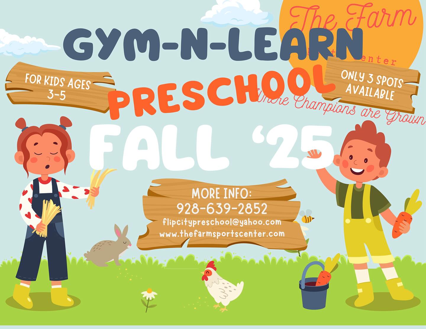 This never happens but due to our increase in class availability, we have 3 open spots this fall for gym-n-learn preschool. These will be snatched up super quick so please reach out asap with interest. Preschool@thefarmsportscenter.com