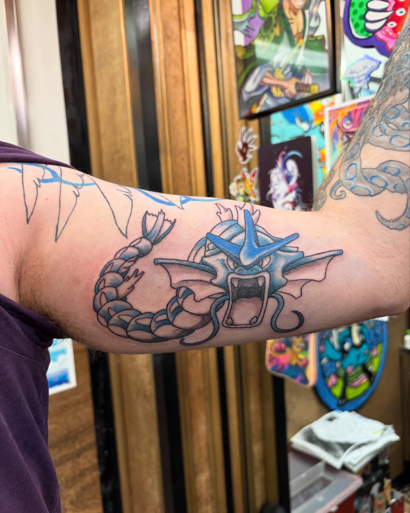 B&G and Blue Gyarados for the other arm! A fave to make, not sure. All the Pokemon tattoos please 💙🩵 #tattoo #pokemon #pokemontattoo #gyarados #gyaradostattoo #animetattoo #queertattooartist