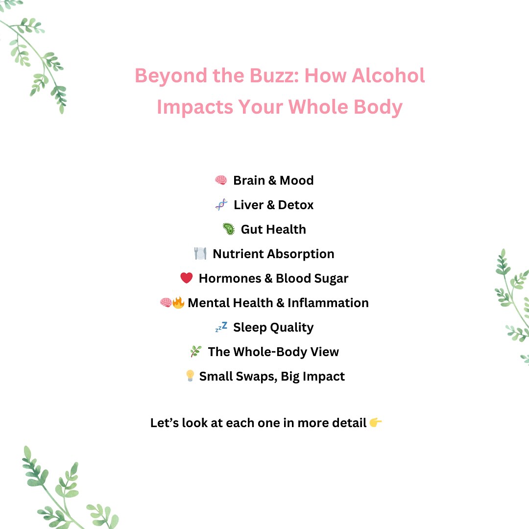 🥂 Let’s Talk About Alcohol - Beyond The Buzz 🥂
Alcohol is everywhere - birthdays, brunch, breakups, weddings, weeknights. It’s social, it’s normal… but it’s not always talked about from a health perspective.
This isn’t a post about rules or restrictions.
It’s not about judgement or telling you to cut alcohol out completely.
It’s about breaking down what alcohol does inside the body - from your brain and gut to your hormones, sleep, mood, and metabolism.
👩⚕️ As a clinical nutritionist, I believe education = empowerment.
When you understand what’s happening beneath the surface, you can make choices that feel better in your body - whether you drink occasionally, often or not at all.
✨ You’re allowed to enjoy your life and care for your body at the same time. These things are not mutually exclusive.
✨ This is about deepening your awareness - not cutting things out to ‘be good’ but choosing what genuinely supports your energy, mood and health.
- CK 🍏💪🏻
#nutritioneducation #knowyourbody #holistichealth #alcoholawareness #healthyhabits #informeddecisions #clinicalnutritionist #progressnotperfection