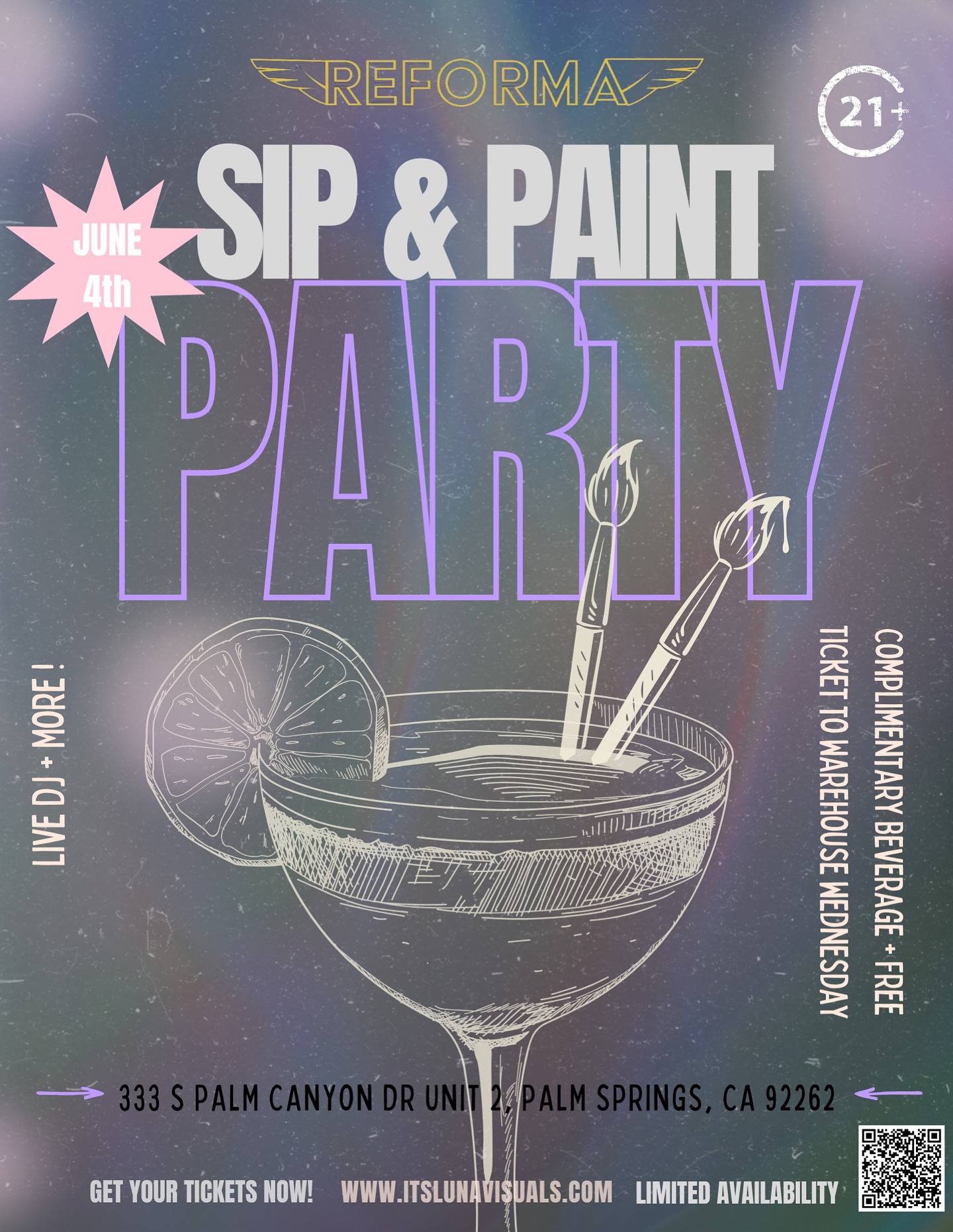 🚨 PALM SPRINGS, ARE YOU READY?! 🚨
We’re taking over @reformaps for the ULTIMATE Sip & Paint Night on June 4th from 6PM–10PM — and this is one for the books!
Your $40 ticket gets you:
• A complimentary drink 🍹
• A FREE @warexhouse ticket 🎟️
• Tasty bar bites 🍴
• A canvas ready for your masterpiece 🎨
• Live DJ spinning your favorite classic hits all night long 🎶
• And a vibe you don’t want to miss ✨
LIMITED SEATING — this event will SELL OUT, so grab your ticket NOW!
Let’s sip, paint, vibe & repeat with the dopest crowd in the desert! 🎨✨🌵
Tag your crew & meet us at Reforma!
#ReformaNights #SipAndPaintPS #ItsLunaVisuals #PalmSpringsEvents #PaintParty