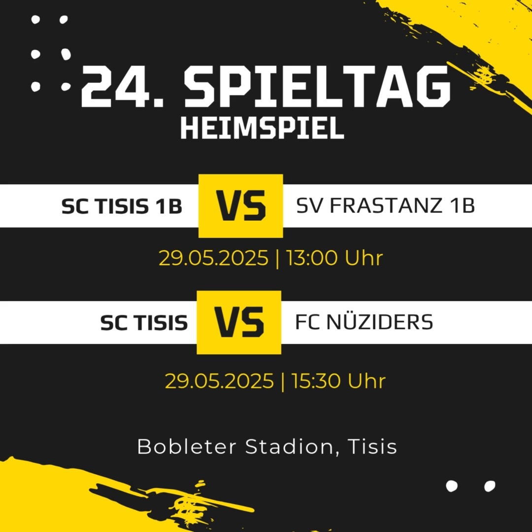 #HEIMSPIEL-DONNERSTAG IN TISIS ⚽🔥
Der #Countdown läuft: Nur noch 3 Spiele in dieser Saison! 💥
Diesen Donnerstag stehen gleich zwei Heimspiele am Programm – und wir brauchen eure Unterstützung! 🙌
📍 Bobleter Stadion, Tisis
⚽ SC Tisis 1B : @svfrastanz1b
🕐 13:00 Uhr
⚽ SC Tisis : @fcnueziders
🕟 15:30 Uhr
Kommt vorbei, feuert unsere Jungs an und genießt Fußball mit Leidenschaft!
Gemeinsam stark – bis zum Saisonfinale, hopp, Tisis, hopp! 💪
#Fußballliebe #Fußball #NurDerSC #ScTisis #Vorarlberg #Meisterschaft #wirsinddietisner🖤💛#gemeinsamstark
🎵 Yevgenij Sorokin, Pixabay.com