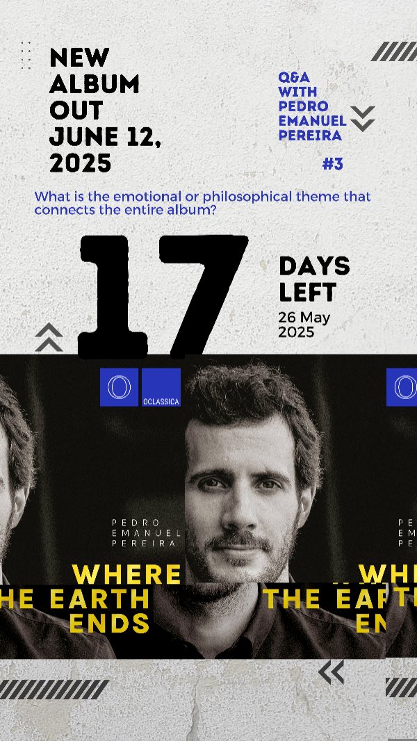 Q&A with Pedro Emanuel Pereira #3
17 days until “Where the Earth Ends”
New album out June 12, 2025, in immersive Dolby Atmos, exclusively on @oclassica.
What is the emotional or philosophical theme that connects the entire album?
In this video, I speak about the inner landscape that shaped Where the Earth Ends — a path between reflection, memory, and imagination.
Photo & video: @ar.de.mar
Label: @oclassica
Sound Engineer: @heldercosta.hcm
Production: @percos.music
#WhereTheEarthEnds #PedroEmanuelPereira #DolbyAtmos #Oclassica #QandAwithPedro #ContemporaryClassical #ModernClassical #PianistLife #NewMusic2025 #ClassicalMusic #PortugueseMusic #SoloAlbum #CountdownToRelease #BehindTheMusic