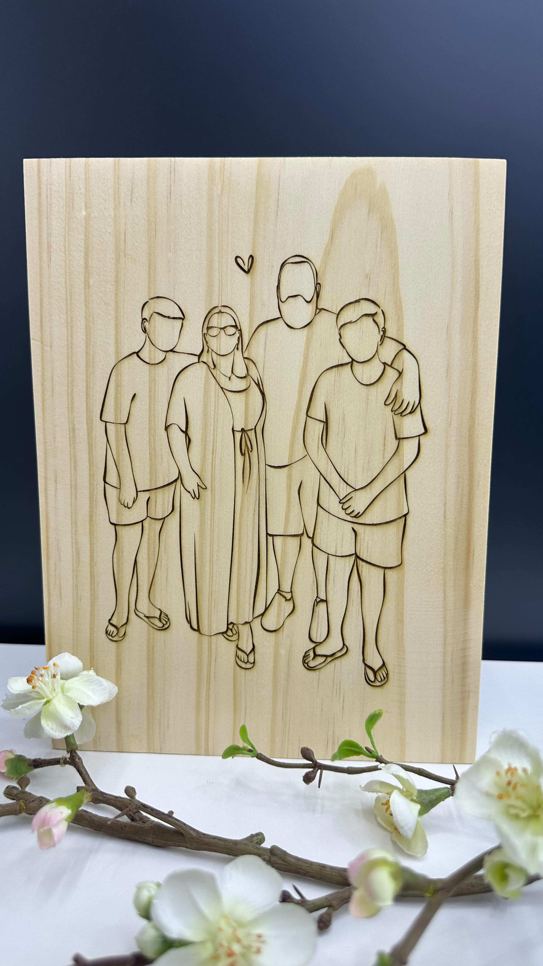 A beautifully crafted and thoughtful gift!
Our laser-engraved wooden block is such a personal and heartfelt gift — perfect for a birthday, Christmas or Mother’s Day.
The minimalist line design gives it a modern, elegant touch while capturing the warmth of close family ties. The little heart above the group is a sweet detail that reinforces the love and connection shared.
A meaningful keepsake for someone who values family deeply - for my beautiful friend Anna on her Birthday ❤️