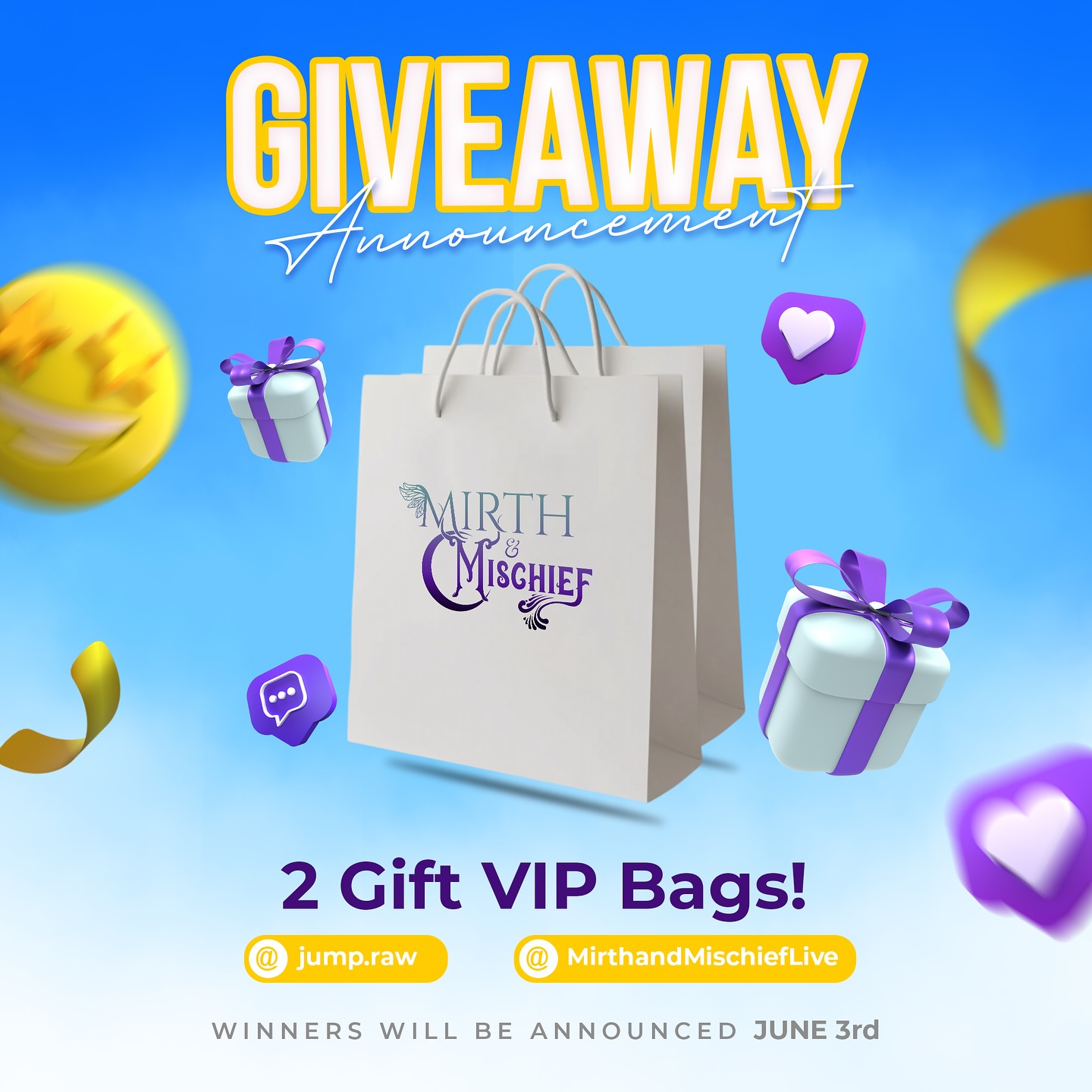 ✨ Win a VIP Gift Bag from Mirth & Mischief! One for him, one for her—don’t miss this! 🎁🏰
We’re closing out this magical season with a special giveaway—2 VIP Gift Bags straight from the world of Mirth & Mischief! One will go to a gentleman and one to a lady. ✨🏰
These exclusive bags are packed with fantasy-themed goodies you can’t get anywhere else!
🗓️ Winners will be announced June 3rd!
HOW TO ENTER:
1️⃣ Like this post ❤️
2️⃣ Tag 3 fellow adventurers in the comments 🧙♀️
3️⃣ Follow @jump.raw & @mirthandmischieflive
4️⃣ Share this post to your story and tag us! 📲
Don’t miss your chance to bring a piece of the magic home with you 🗝️
(US 🇺🇸 Participants only)
#MirthAndMischief #Giveaway #JumpRAW #VIPExperience #FantasyFestival #VyrusStudios #ContestAlert #CosplayLife #FinalWeekMagic #ImmersiveAdventure