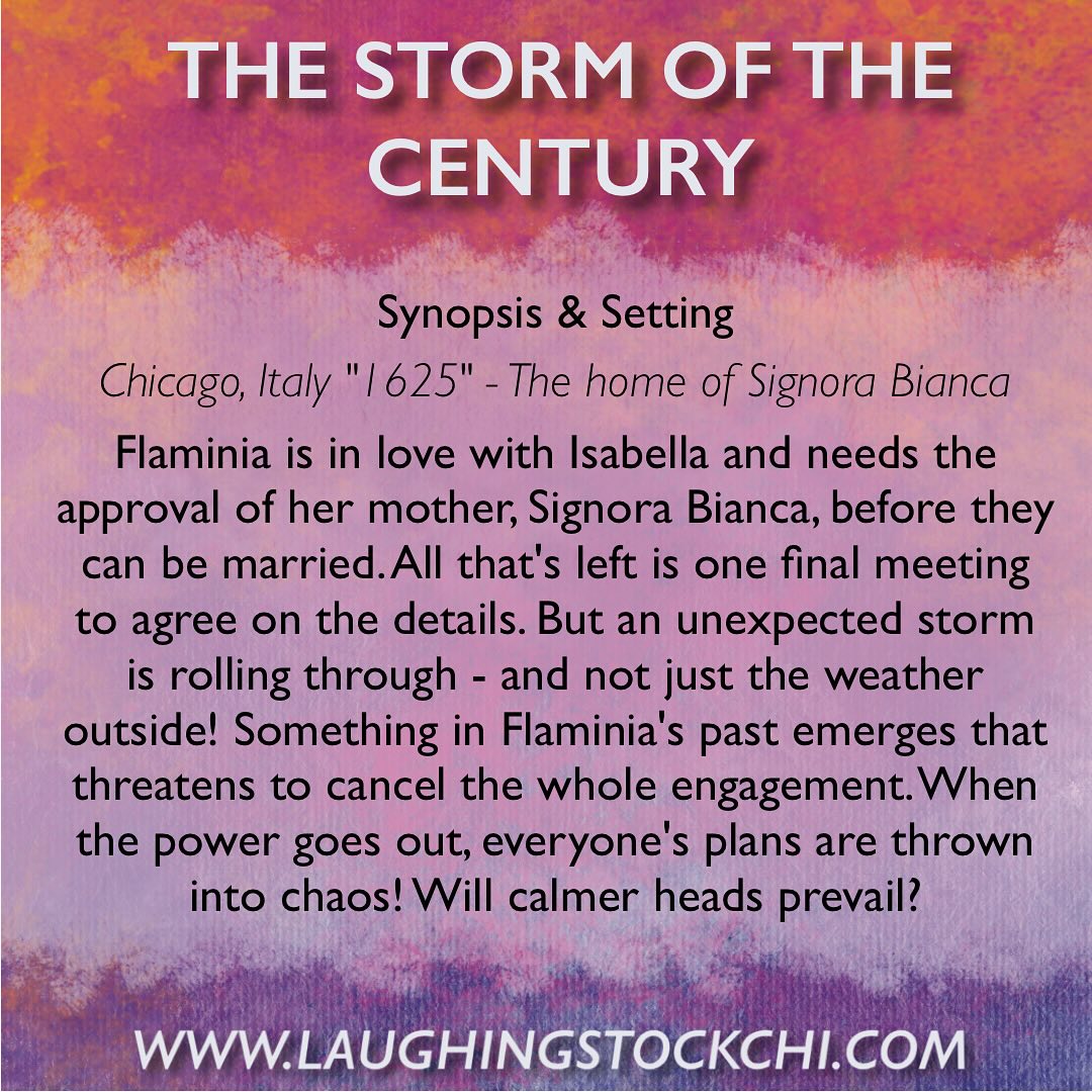 The public wants to know, what is Laughing Stock’s newest play about? Here’s the answer you’ve all been waiting for!
All performances will be outside at Ridgeville Park (weather permitting) with a rain location if needed. Performances begin at 5:30pm but feel free to come early and enjoy a picnic before the show.
The Storm of the Century Opens June 14th and runs until June 29th.
Tickets Available at www.laughingstockchi.com.
#Commediadellarte #Commedia #StormoftheCentury #Masks #chicagotheatre #comedy #newplay