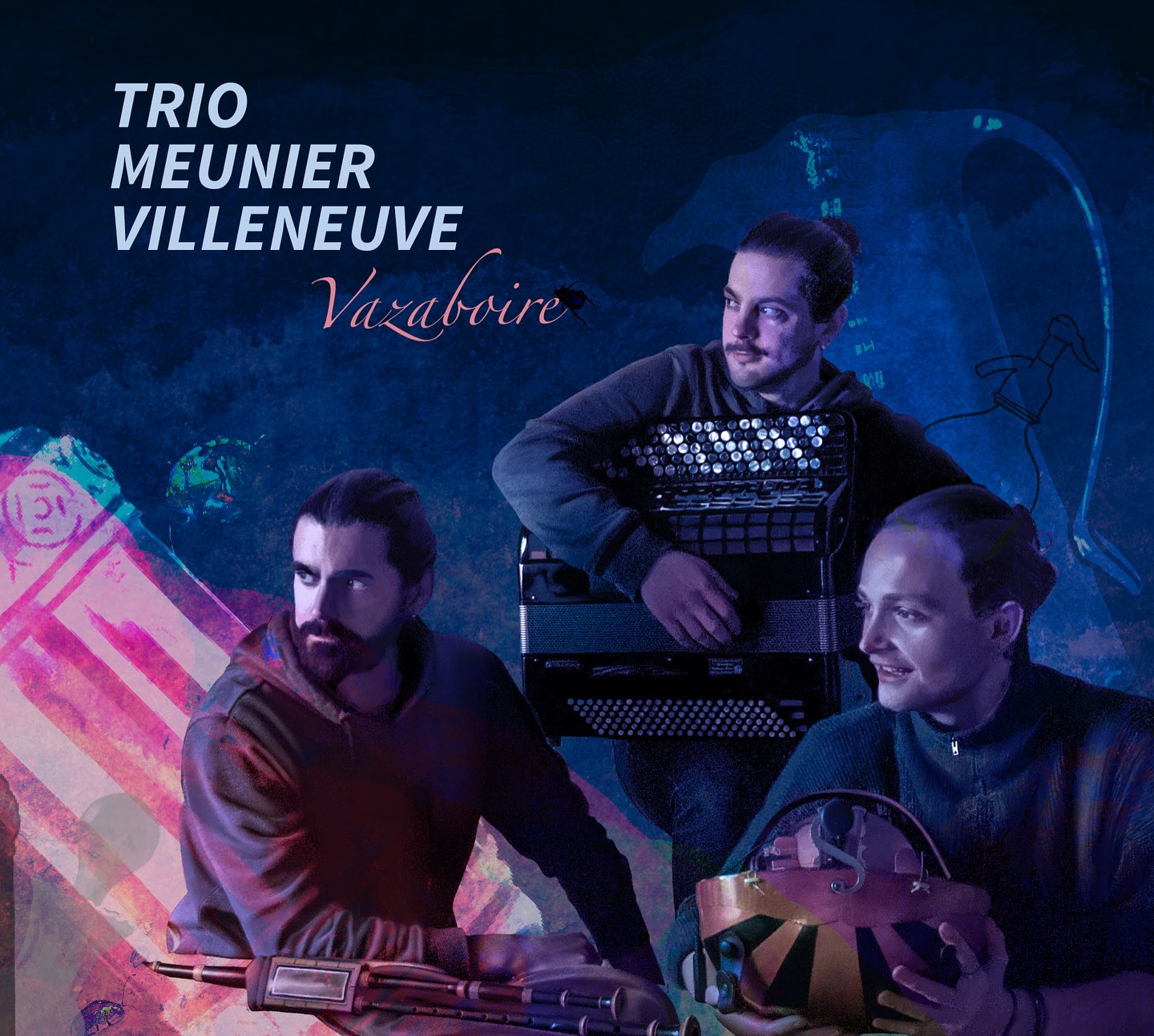 Déjà un peu plus d’une semaine que notre futur album « Vazaboire » est parti au pressage, pour que vous l’ayez à temps chez vous dès fin juin.
En exclu, voici la face avant de son magnifique écrin réalisé par la talentueuse Maya Belin ! La pré-commande, pour l’avoir entre vos main dès sa sortie, est toujours possible sur hello asso : https://www.helloasso.com/associations/la-cahute-production/collectes/nouvel-album-trio-meunier-villeneuve