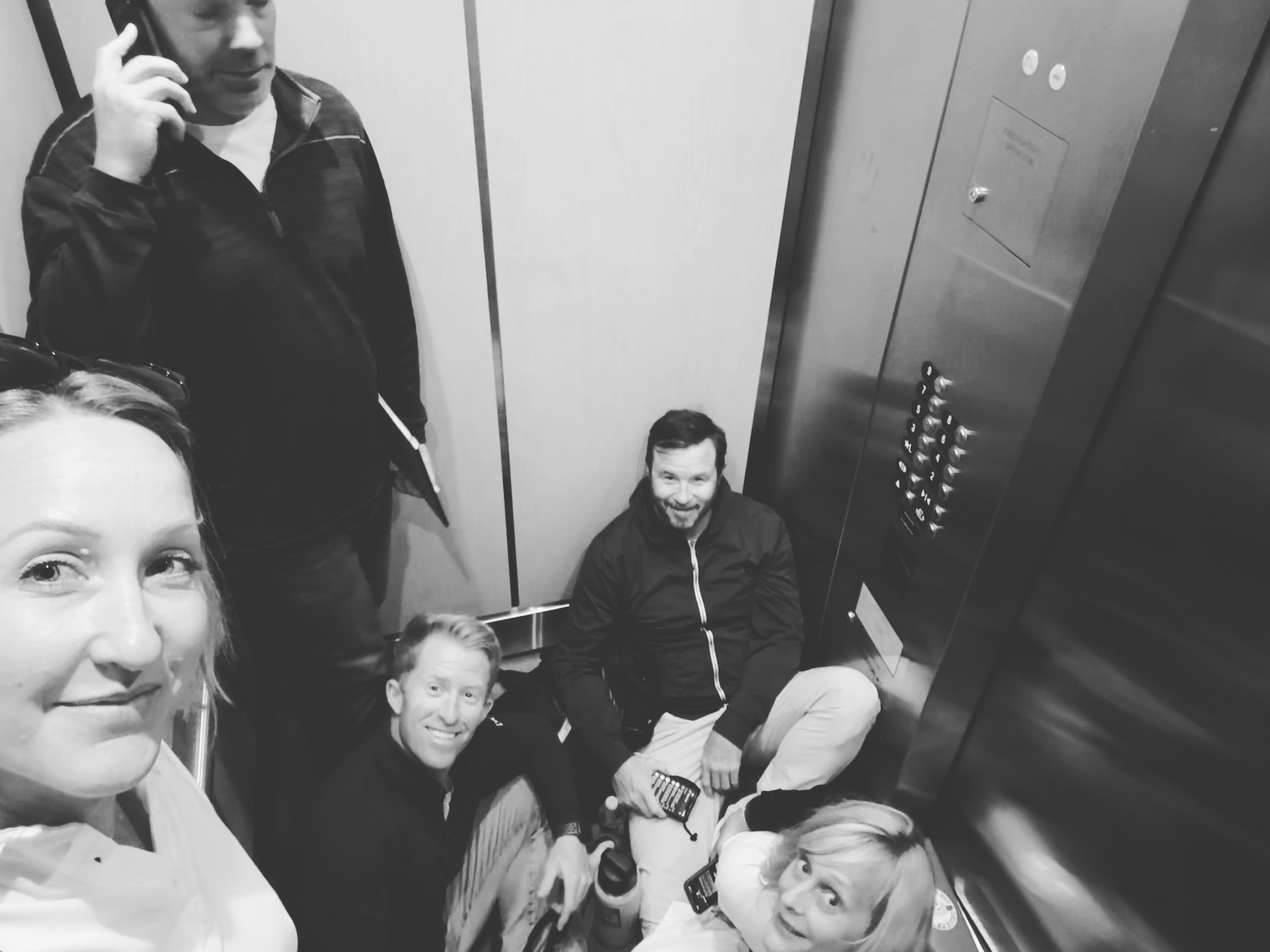 We had a great meeting at @thelarkuptown where we talked business, caught up, and enjoyed @daveshotchicken. Then half the crew got stuck in the parking garage elevator for almost an hour. 😮 Let's just say it wasn't an uplifting experience. 😭 Not to worry, we all made it out unscathed.