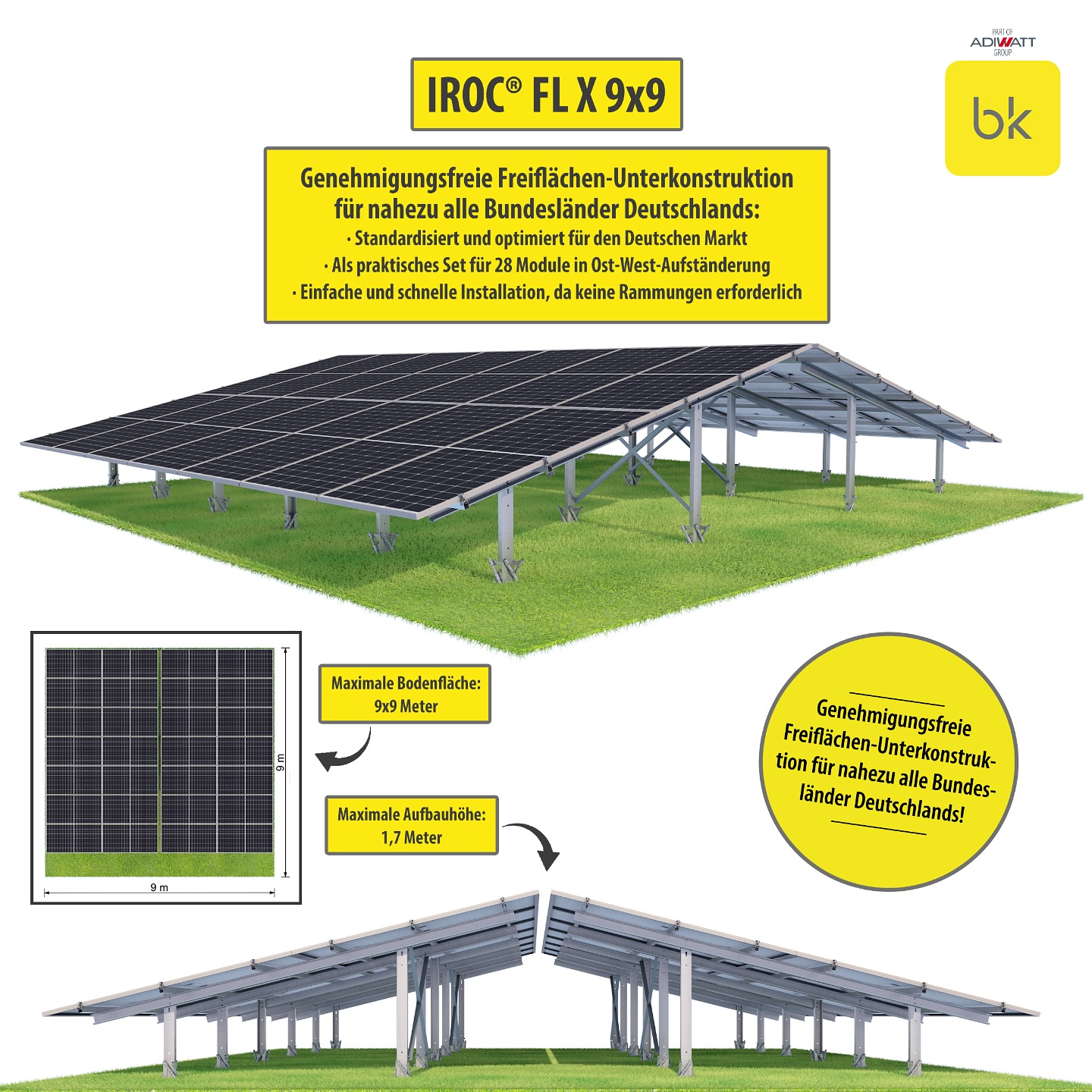Genehmigungsfreie Freiflächen-Unterkonstruktion
+++ IROC® FL X 9x9 +++
+++ in nahezu allen Bundesländern genehmigungsfrei +++
+++ entwickelt und standardisiert für den Deutschen Markt +++
Die neu entwickelte IROC® FL X 9x9 Unterkonstruktion ist die ideale Lösung für kleine bis mittelgroße Freiflächen-Photovoltaikanlagen. Sie ist in nahezu allen Bundesländern Deutschlands, dank seiner Aufbaumaße von maximal 9x9 Metern und einer Aufbauhöhe von maximal 1,7 Metern, genehmigungsfrei und ohne Bodengutachten einsetzbar.
IROC® FL X 9x9 wurde eigens für den Deutschen Markt entwickelt und wird als praktisches Set in einer Ost-West-Aufständerung für 28 Module ausgeliefert. Dank des speziellen und zuverlässigen Mikropfahlsystems, kommt IROC® FL X 9x9 ohne große und kostspielige Gerätschaften bei der Installation auf Freiflächen aus (keine Rammungen erforderlich).
Dadurch ist IROC® FL X 9x9 kostengünstiger als herkömmliche Freiflächensysteme und schont gleichzeitig den Boden, da keine Betonfundamente zur Ballastierung benötigt werden.
Kontaktieren Sie jetzt unser Vertriebsteam, wir freuen uns auf Ihre Anfrage!
#freiflächenanlage #freilandpv #genehmigungsfrei #photovoltaik #photovoltaic #solar #handwerk #elektriker #pvmodule #elektroinstallation #elektrotechnik #bauherren #erneuerbareenergie #solarenergie #sonnenenergie #energie #energy #pv #strom #solarenergy #pvanlage #greenenergy #renewableenergy #sonnenstrom #pvmontagesystem #solarmountingsystem #bksolarezukunft #bksolarsystem