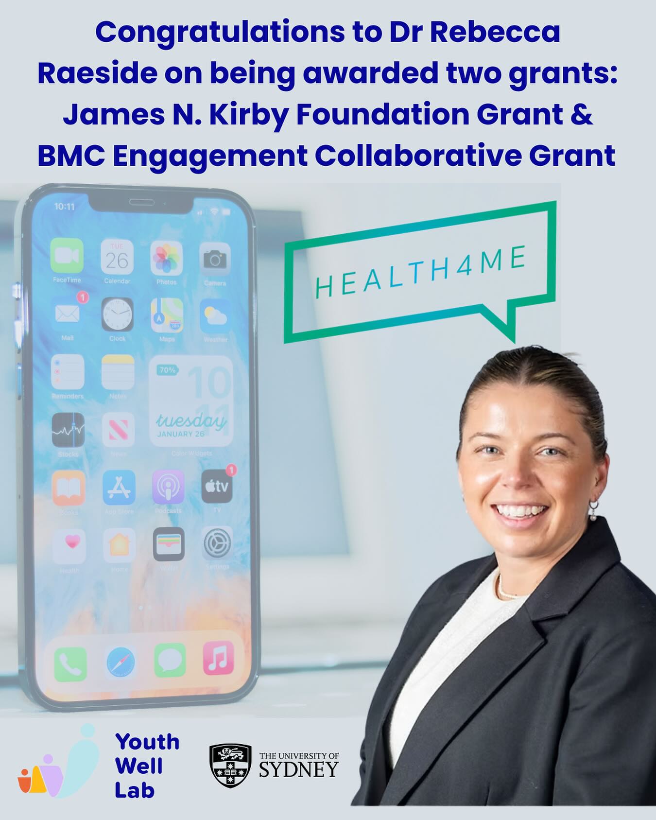 🎉 Exciting update from the Youth Well Lab!
@dr.rebecca.raeside has been awarded two new grants to kick off the next phase of the Health4Me program: implementing this co-designed digital program in real-world settings.
The @brainandmindcentre Grant focuses on addressing barriers to implementing digital adolescent mental health promotion initiatives and collaborating with researchers st BMC and the James N.Kirby Grant will support co-creation of new digital health content.
Health4Me was first funded by @healthgovau MRFF Primary Grant to support adolescents’ physical and mental health by addressing shared risk factors through prevention. Stay tuned for the main study outcomes that will be out later this year or earlier 2026.
👏 Congrats, Rebecca!
#YouthWellLab #DigitalHealth #AdolescentHealth