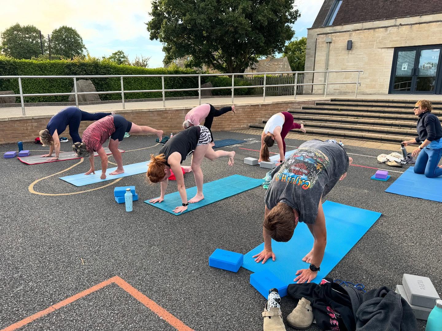 Playground yoga listening to the church bells and the birds. #outdooryoga #overburyyoga #overburylife