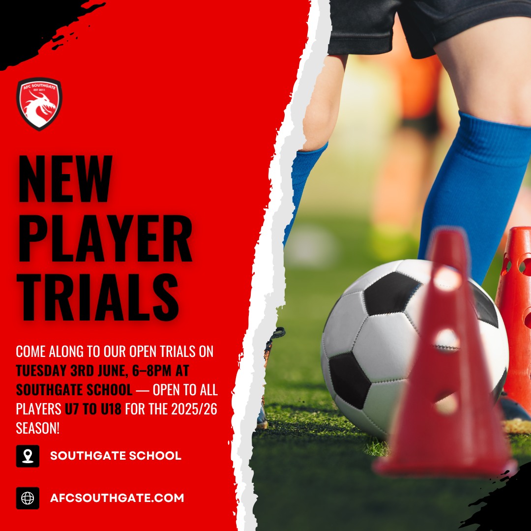 ⚽ Ready to take your game to the next level?
AFC Southgate’s New Player Trials are almost here! 🔥
We’re looking for passionate, hardworking players from U7–U18 to join us for the 2025/26 season.
📅 Tuesday 3rd June
🕕 6–8 PM
📍 Southgate School
Be part of a club that’s all about ambition, teamwork, and development. This is your moment — don’t miss it! 🚀
👉 Book your place now — link in bio!
#afcsouthgate #footballtrials #2025trials #jointheteam #northlondonfootball #kidsfootball