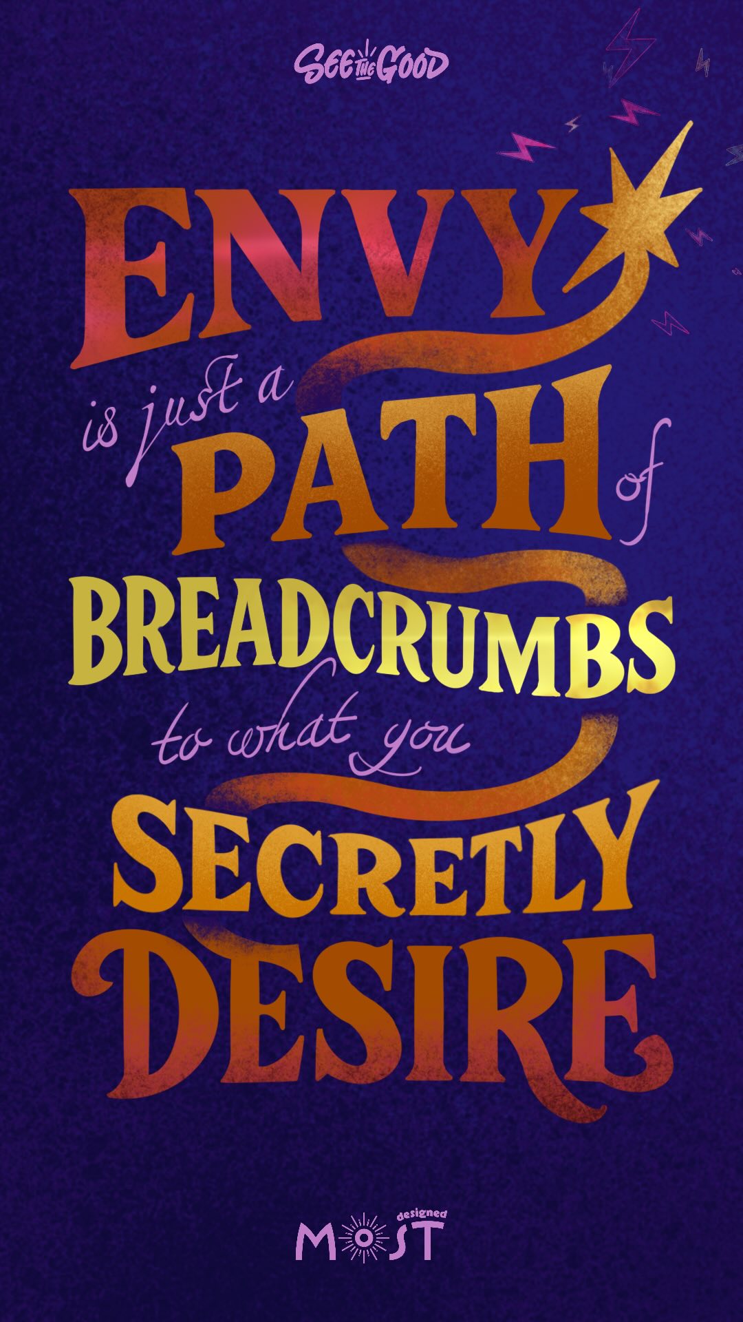 Jealousy gets a bad rap.
But it’s just ambition with a bruise.
It’s a neon arrow pointing toward what you secretly want.
So don’t spiral.
Zoom in, and see the good - yes, even within envy.
Then steal the inspo and carry on.
🌟 Envy is a path of breadcrumbs to what you secretly desire.
💌 Share this with someone who is feeling down today. Share the good.
#design #illustration #digitalillustration #creativedesign #adobe #procreate #digitalartist #groovyart #groovy #seethegood