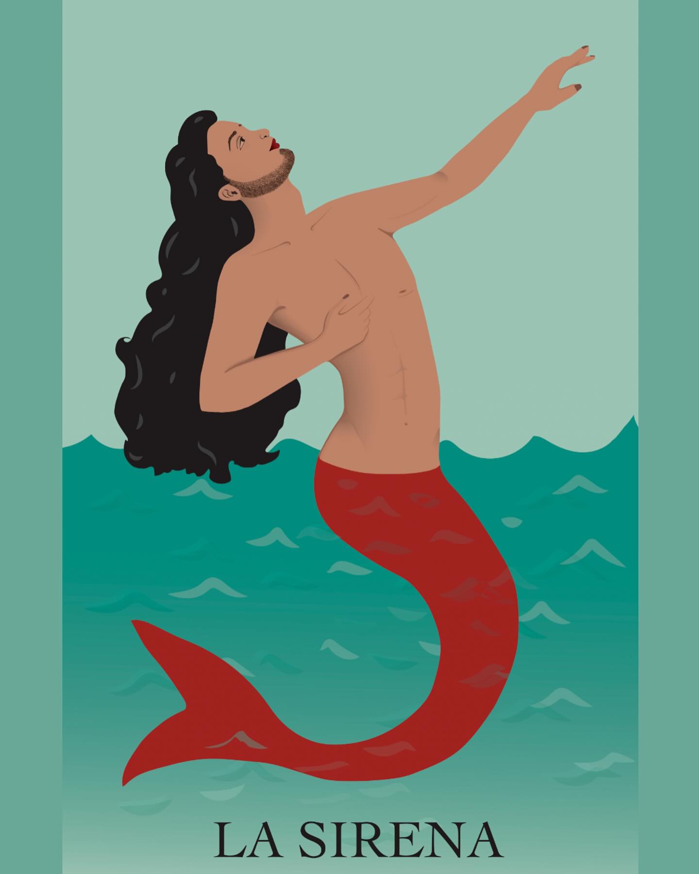 La Sirena
A reinterpretation of La Sirena from the classic Mexican board game Loteria showcases a figure that embodies both a trans nonbinary person and a mermaid.
This piece was among the first trans pieces I created, even before I understood my own trans identity.