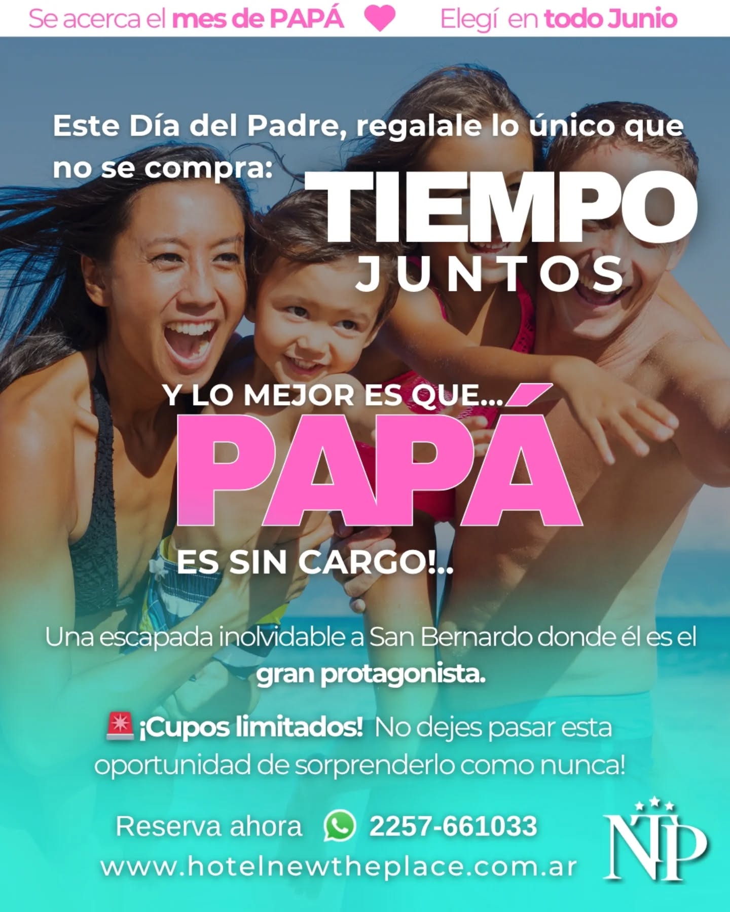 🌊No regales cosas materiales, regálale tiempo juntos!❤️
En todo el mes de Junio a Papá le regalamos su estadía, Al fin Papá no paga!👑
Estadías en dónde no tendrás tiempo para salir, desde el servicio de desayuno continental, la piscina climátizada que te invita a pasar la tarde con vistas al mar y una buena merienda por nuestro bar!
Disfrutar luego de nuestros circuitos hídricos y masajes que brinda el @spahotelntheplace 🌡️
No te podés perder regalarle unos masajes y tratamiento de belleza a Papá! 💆
20% OFF en todos los servicios🔥🔥
Estadías apto para fin de semana de Junio 2025.
Para más información escribinos acá 👇