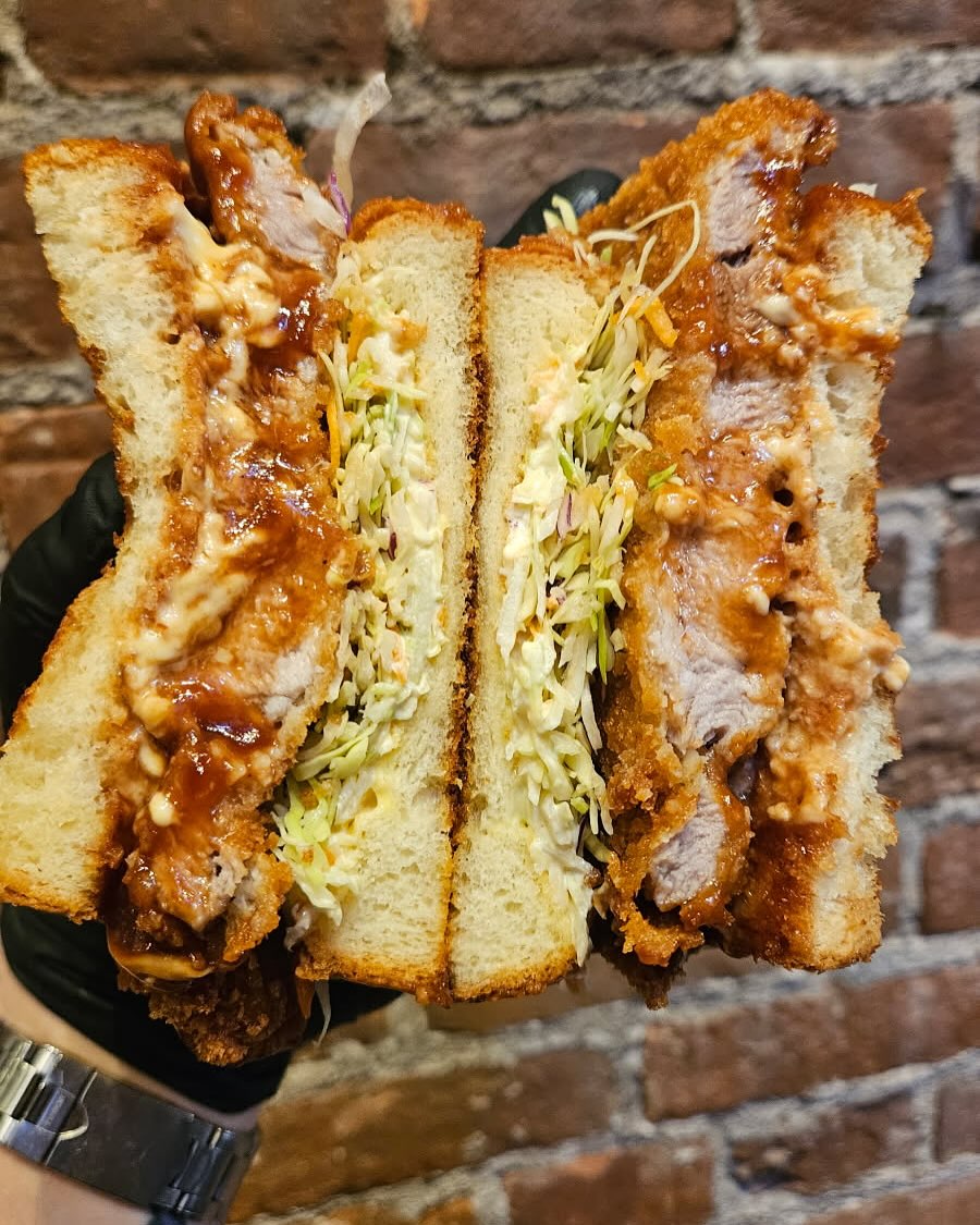 Matty Matheson sando special 3 The Pork Katau from his brand new cookbook.
Brined pork chops breaded in panko and fried. Served on toasted Japanese milk bread with pickled daikon, kewpie mayo, tonkatsu sauce and shredded cabbage. Served daily till 4 while supplies last!