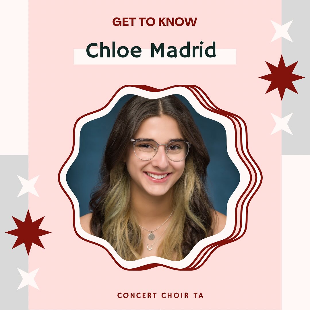 our next senior spotlight is chole madrid! even though chloe joined in the second semester, she has been a huge help to concert choir as their TA! thank you for joining us to sing, support, and strengthen our choir community! we are so thankful for chloe and can’t wait to see how she continues to grow in the performing arts!