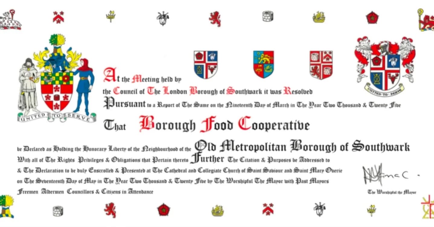 We're honoured to have received a Southwark Civic Award for the work we do at BFC. The award has a long, fab name: The Liberty of the Old Metropolitan Borough of Southwark.
These awards "recognise exceptional contributions to civic, community or family life by individuals, businesses, projects, or organisations and are the among the most prestigious that the council can make."
HUGE CONGRATS to all of our volunteers, past and present, who deserve all the credit for putting in the hard work, giving of their time, kindness and dedication. Fighting food costs and food waste whilst creating a beautiful community space where everyone is welcomed and treated with respect and dignity.