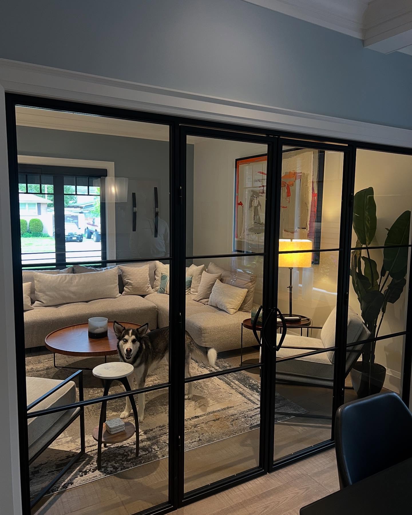 Doors installed alongside a very happy customer and their dog, who is clearly very excited with this project!