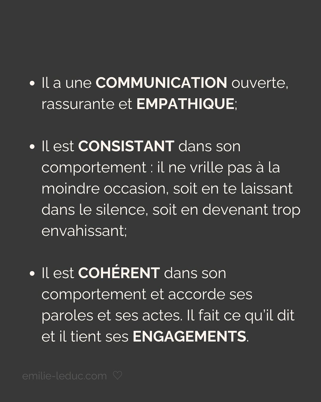 Je rencontre C. en 2021 et le contact passe bien. On prend un verre, il est sympa, drôle, smart, et super gentil. À la fin du date, il propose naturellement qu’on se revoit. Pour ce 2e rdv, il prend les devants, choisi l’endroit etc.
Jusqu’ici, C. semble savoir ce qu’il veut et ça fait du bien.
Mais très vite, je sens que tout ce que je dis est parole d’évangile. Qu’il commence à mettre ses besoins de côté pour coller aux miens. Je le sens perdre de son charme à mesure qu’il tente de me plaire en effaçant subtilement mais sûrement qui il est.
Je prends mes distances, il le ressent et essaye de coller à l’image qu’il croit que j’attends. Je suis refroidie, je quitte la relation avec toutes les questions que j’ai mises dans le post.
Aujourd’hui, je comprends que j’avais besoin de quelqu’un avec un minimum de sécurité intérieure.
Sauf que ça, ça ne se force pas.
LA SÉCURITÉ INTERIEURE NE PEUT SE FEINDRE.
Tu peux porter tous les masques que tu veux, celui de la sérénité intérieure, de la sécurité, de la confiance et de l’estime de soi ne peut se maquiller.
La preuve, toi non plus tu n’es pas dupe.
2 ans plus tard, quand j’ai rencontré mon chéri, il était profondément gentil et attentionné. Mais il avait surtout quelque chose que beaucoup d’autres hommes n’avaient pas et que j’arrivais pas à expliquer.
Mais c’était bien ça. Ce qui m’attirait plus que tout chez lui, c’était sa sécurité propre, sa sérénité intérieure.
Si cela n’est pas présent chez ton/ta partenaire, c’est normal que ça crée un malaise.
Tu es bien placée pour savoir que partager ta vie avec une personne qui en fait trop pour être aimée et validée, c’est épuisant et pas très sexy…
———————————————————————————
Je suis Emilie, thérapeute & coach diplômée spécialisée dans la dépendance affective.
J’aide les femmes qui souffrent de schémas toxiques répétitifs à aimer sereinement et librement, sans plus jamais s’oublier.
#dependanceaffective #manipulation#relationtoxique#addiction#dependance#blessuredabandon#rupture#couple#hypersensibilité#hypersensibles#abandon#perversnarcissique#depression#blessuredelame#amourdesoi#tinder#rencontre#angoisse#solitude#lovecoach#pn#amourdesoi