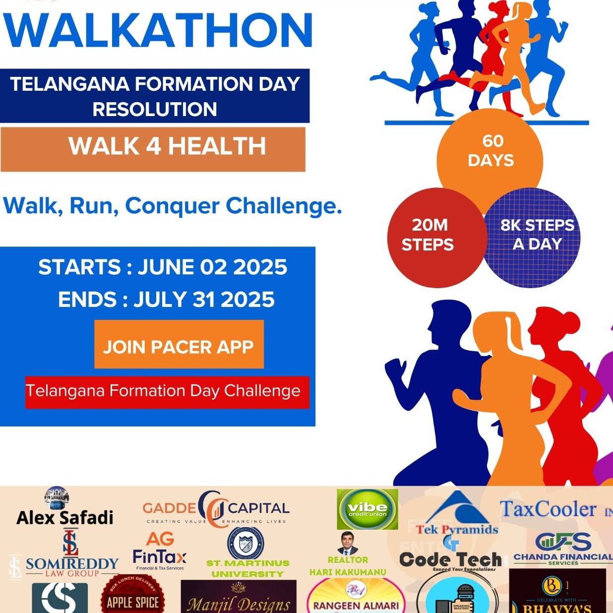 Walk 8K Steps a Day & Stay Healthy!🌟
Get ready to join the *DTC Walkathon Challenge!*
📅 June 2 – July 31, 2025
🏃 Track your progress with the Pacer App.
📲 How to Participate:
1️⃣ Download the Pacer App.
2️⃣ Register here: https://www.mypacer.com/challenges/bb9o66da/telangana-formation-resolution-challenge
3️⃣ Walk or run daily & climb the leaderboard!
Let’s stay active and healthy together!
💪 Regards,
DTC Health Committee