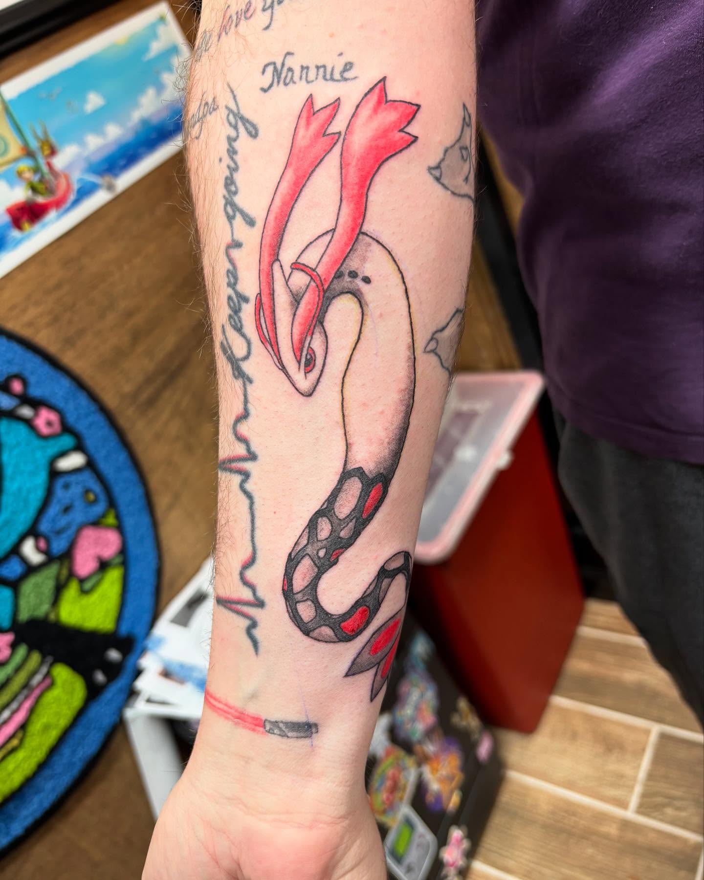 B&G and Red Milotic from last week! Gyarados to follow…. #pokemon #tattoo #animetattoo #milotic #pokemontattoo #queertattooartist
