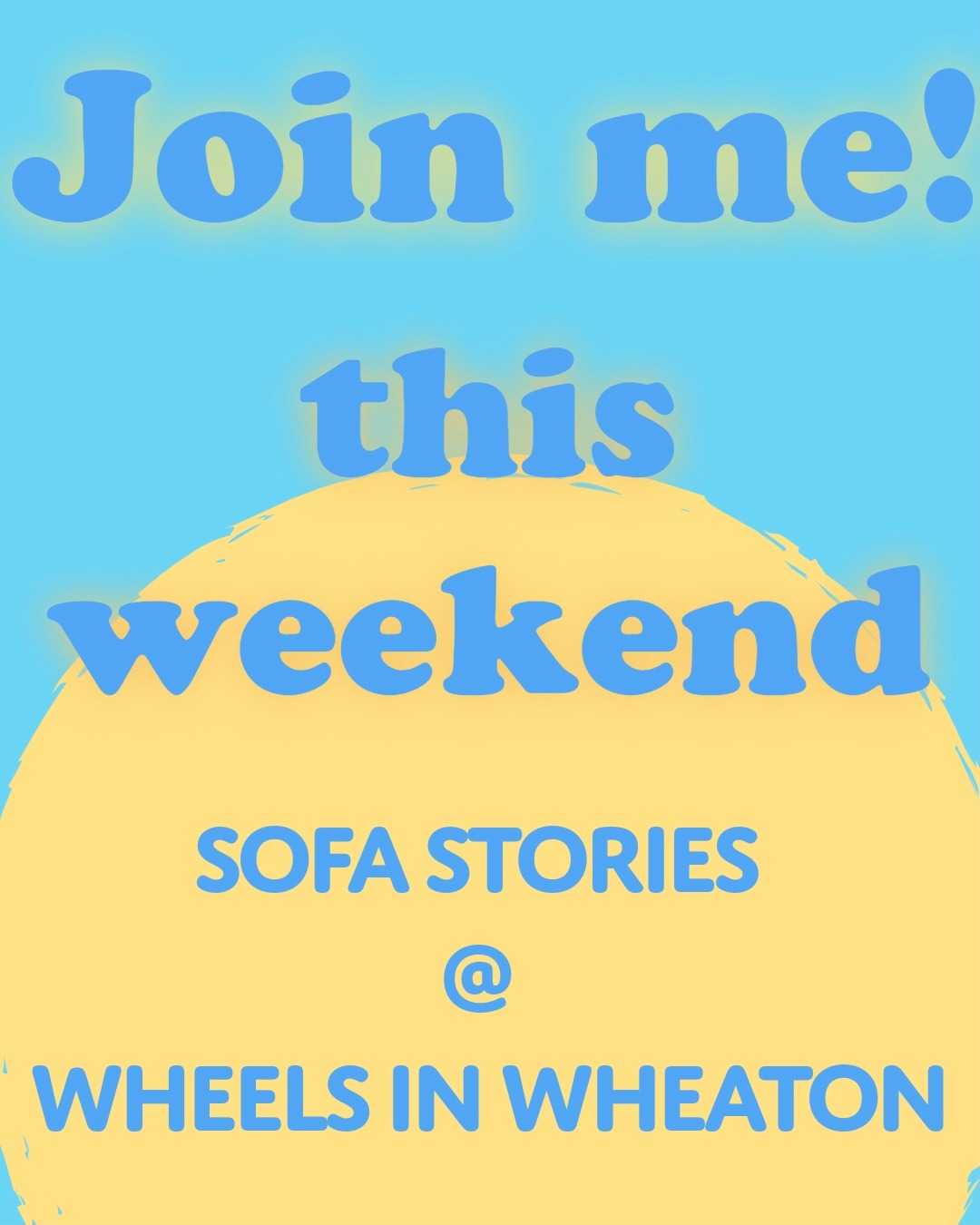 Join me this weekend for Sofa Stories @Wheels in Wheaton
Saturday 12-8 and Sunday 11-7
Free rollerskating!!
Sunday it's Music! Dance! Food! @Taste of Wheaton and fun with this unique place-making event and yes free roller skating!! Woohoo!
Let's create community! Talk murals and have a great time!
