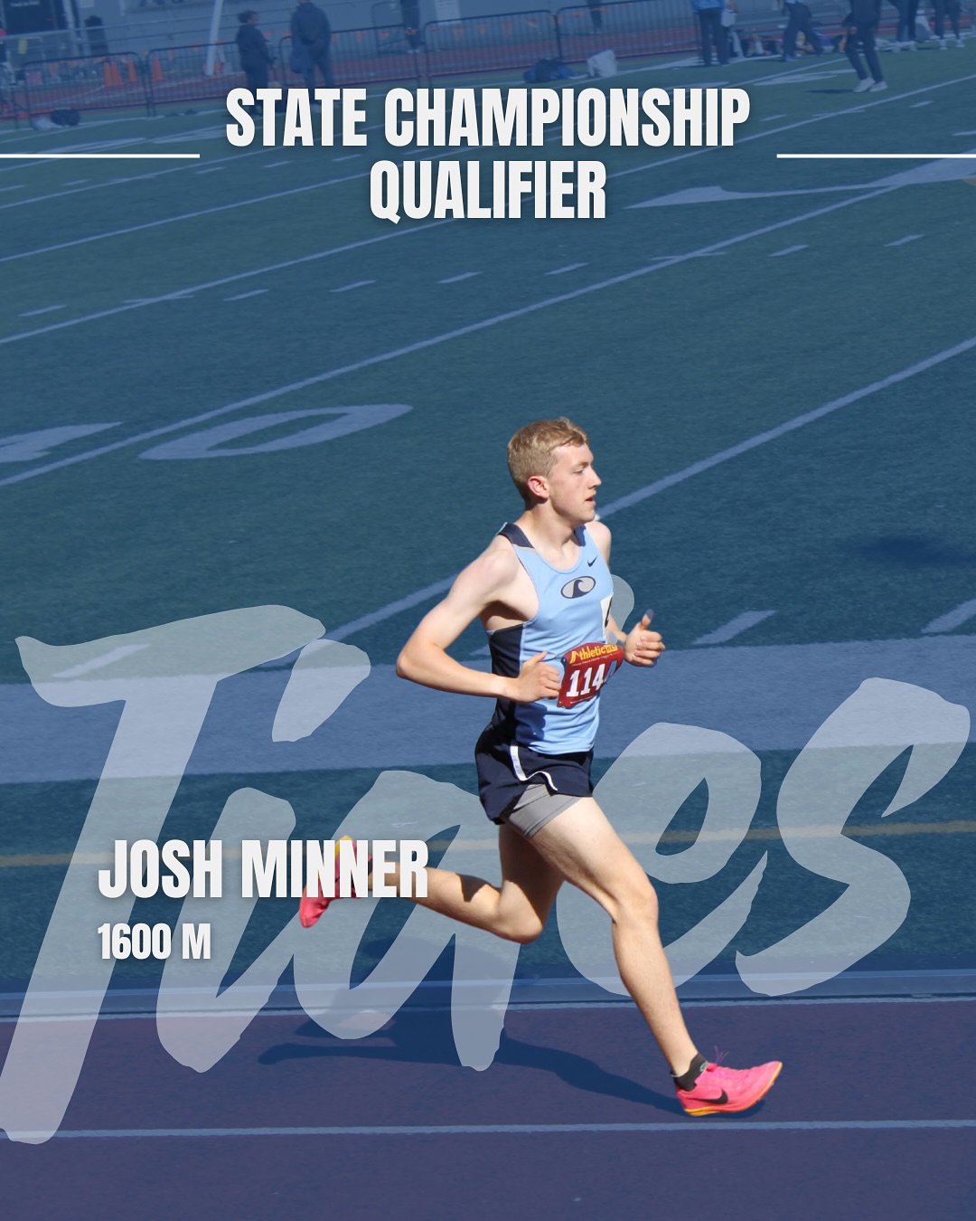 The Boys Distance squad is well-represented this weekend at the State Championships:
Thursday, May 29th
5:50pm: Boys 1600m Final: Josh Minner
Saturday, May 31st
1:20pm: Boys 3200m Final: Joey Campbell & Gavin McKeegan