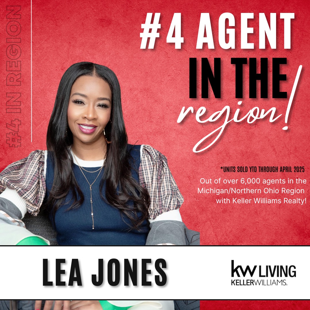 🎉🏆 Congratulations, Lea Jones! 🏆🎉
We’re thrilled to celebrate Lea Jones, who has officially been ranked the #4 Agent in the Michigan/Northern Ohio Region with Keller Williams Realty! 🔥
With over 6,000 agents in the region, this accomplishment speaks volumes about Lea’s hard work, dedication, and relentless commitment to serving her clients with excellence.