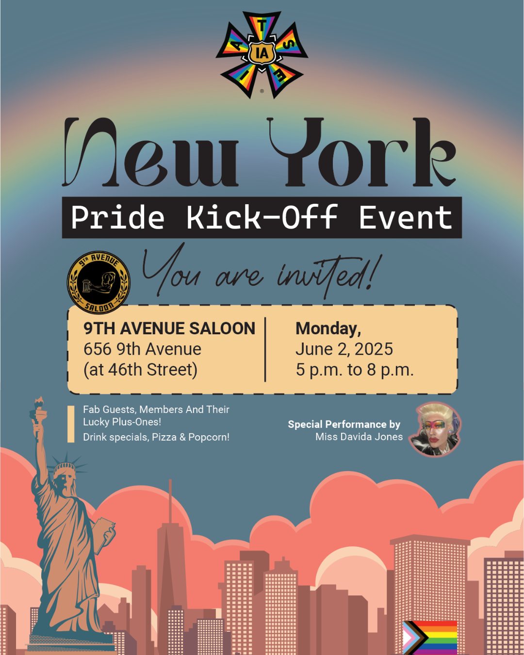 🌈 FOUR DAYS AWAY! 🌈
The @iatsepride Kick-Off Event is almost here — and you’re invited! Come celebrate with us in community and style 💃🏽🎉
📍 9th Avenue Saloon
656 9th Avenue (at 46th Street), NYC
📅 Monday, June 2, 2025
🕔 5 p.m. – 8 p.m.
✨ Fab guests, ATPAM members & their lucky plus-ones
🍕 Drink specials, pizza & popcorn
🎤 Special performance by @missdavidajones
Let’s show our Pride, union strong! @iatse