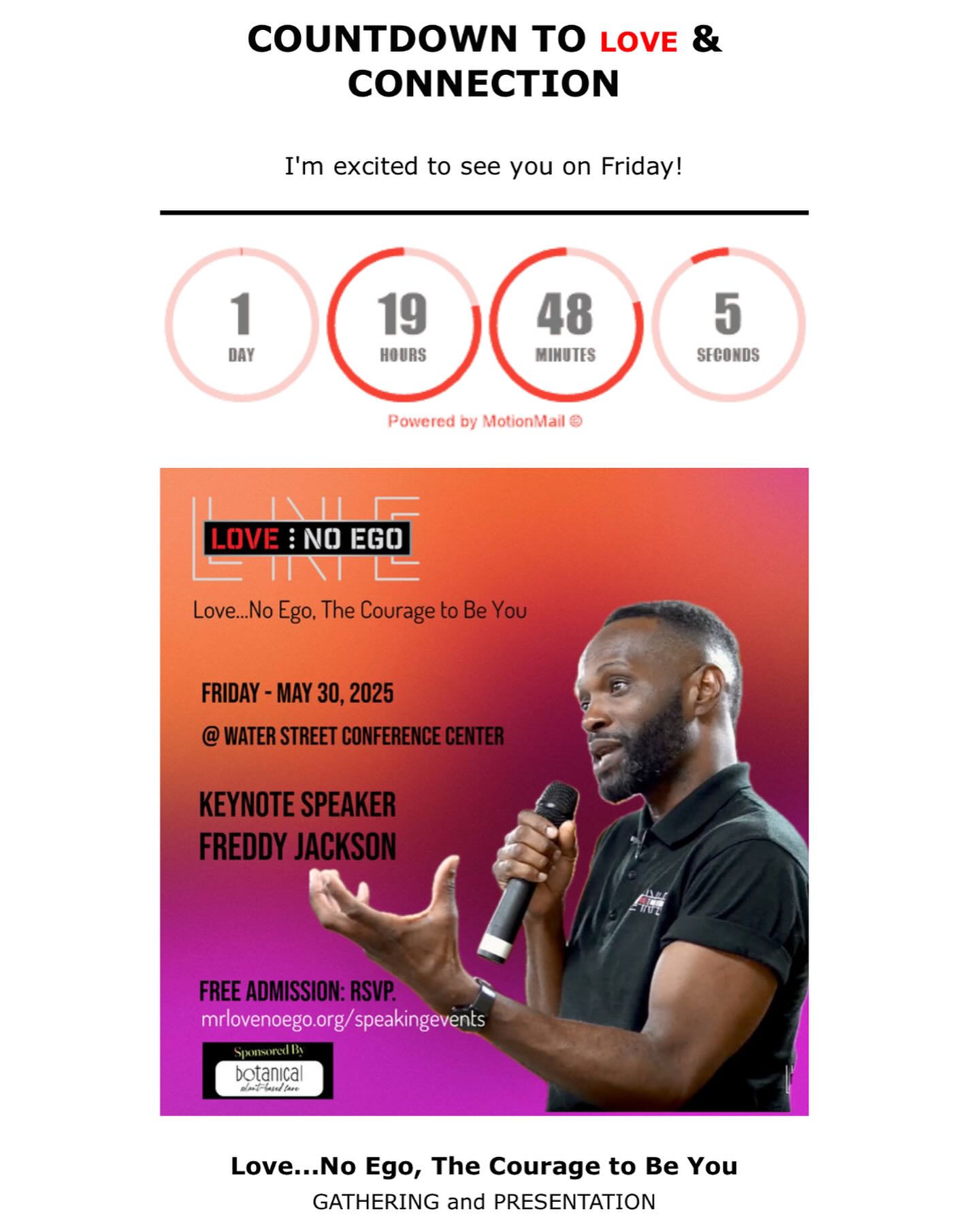 See You Soon!!
Love...No Ego, The Courage to Be You
GATHERING and PRESENTATION!
Thanks to our friends at @botanical.fare (Botanical Plant-Based Fare) for supporting our mission!
May 30th, 2025 8:30 AM – 10:00 AM EDT at The Water Street Conference Center (downtown Charlottesville).
407 E. Water Street, Charlottesville, Virginia
LEARN MORE and RSVP at https://www.mrlovenoego.org/events
#lovenoego