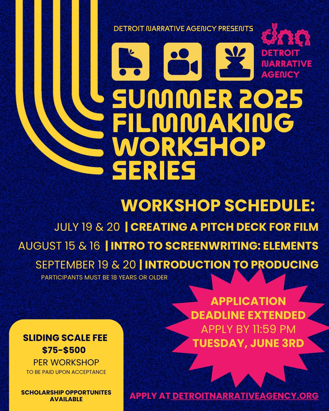 DEADLINE EXTENDED!!! Applications now due Tuesday, June 3rd!
Detroit Narrative Agency’s 2025 Summer Filmmaking Workshop Series is back! These annual workshops have helped countless Detroit storytellers sharpen their skills, build community, and center values of equity and care in their creative work.
This year’s sessions (July - September) cover:
Pitch Decks w/ Paige Wood
Screenwriting w/ Daniele Eliska
Producing w/ Eden Sabolboro
Applications are due June 3rd!
Sliding scale: $75–$500 | Scholarships available
For Black, Brown, Indigenous, working class, queer, femme, and longtime Detroit creatives 18+.
Learn more + apply in Bio!