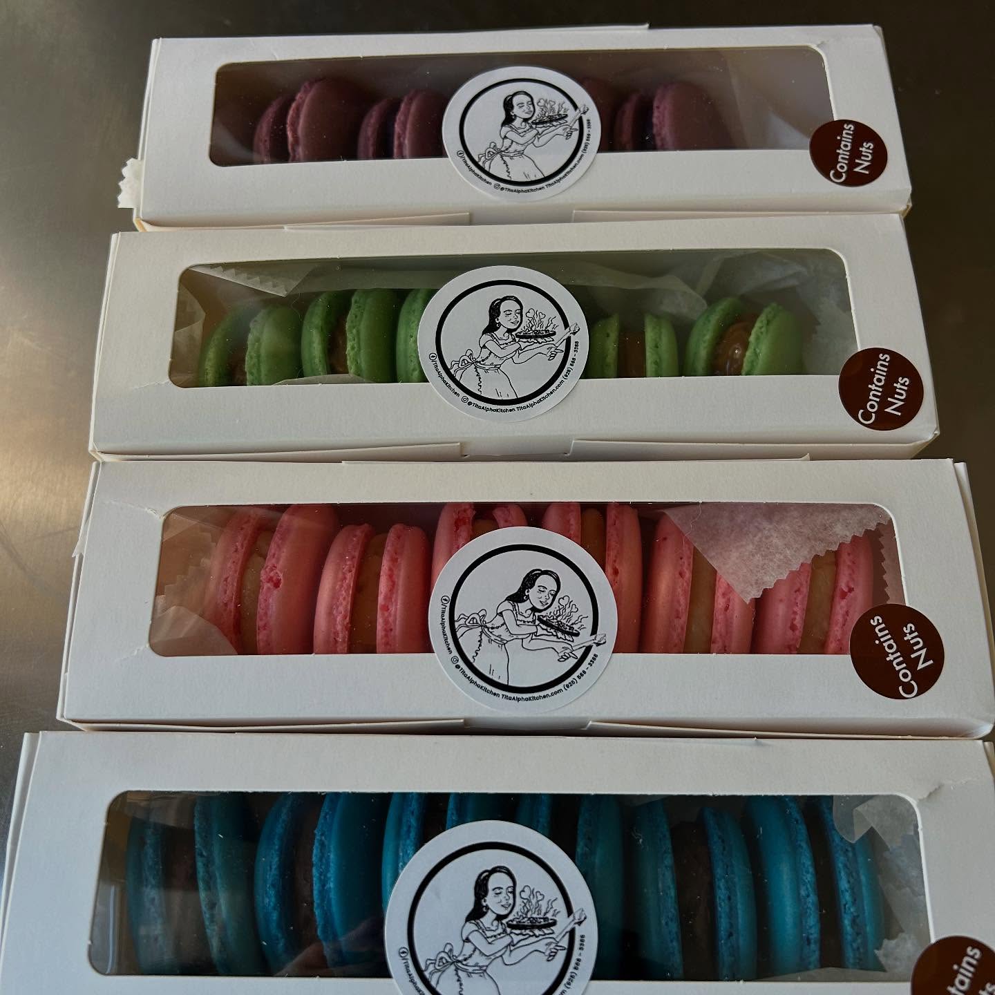 Chocolate, passion fruit chocolate, yema, ube and dulce de leche French macarons