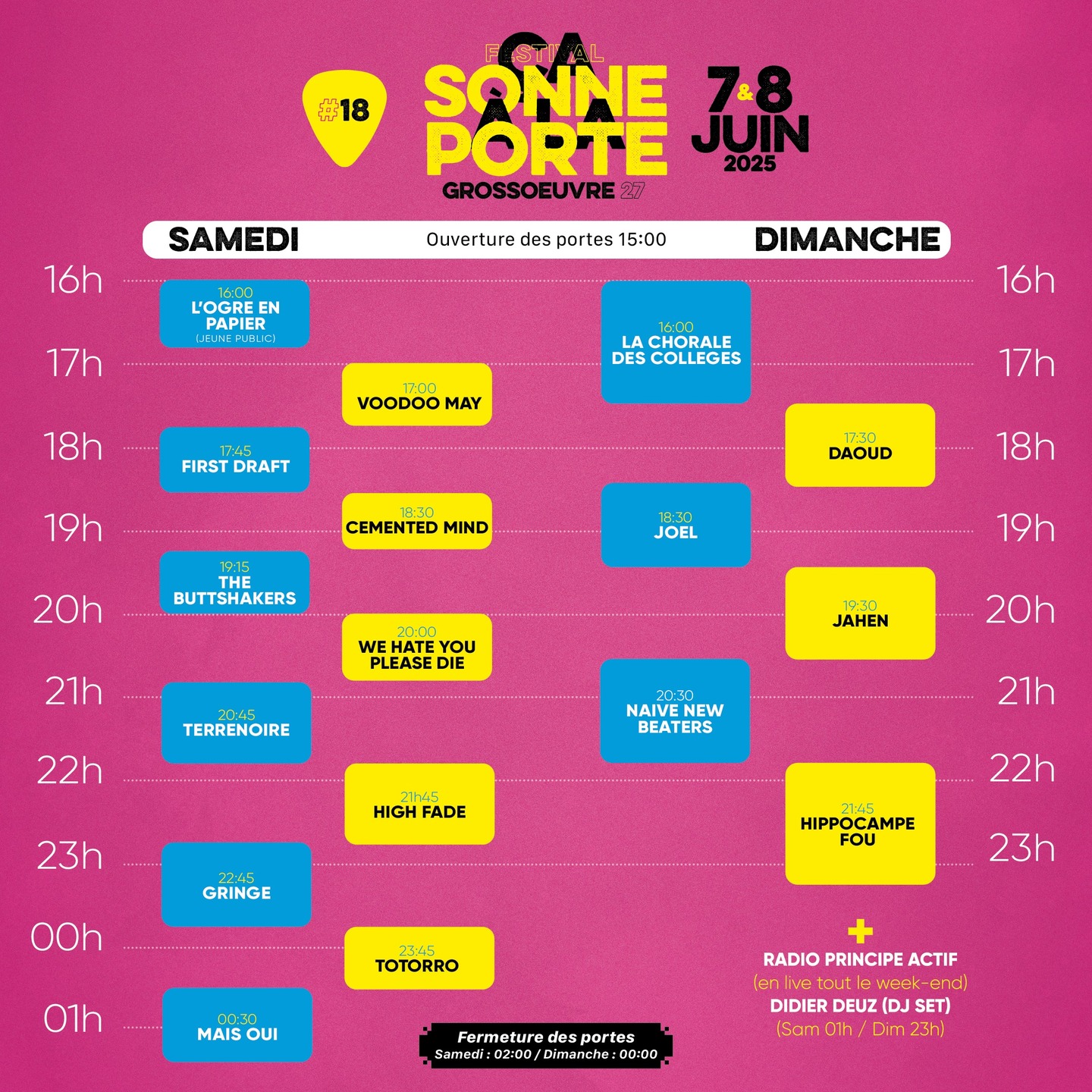 ⚡️💜 TIMETABLE 2025 💜⚡️
Vous êtes nombreux à nous demander : “Hey, @gringe il joue à quelle heure ? Et les @naivenewbeaters et @highfademusic ? Et les autres ?” On avoue, on aime garder un peu le suspense… Parce qu’on a vraiment envie que vous soyez là dès le début, pour découvrir les 17 fabuleux artistes de cette 18e édition.
Mais bon, comme on est sympa, on vous balance enfin la ⏰ TIMETABLE 2025 !
🔥 Rendez-vous les 7 & 8 juin 2025 à Grossoeuvre pour le festival Ça Sonne à la Porte, toujours 100% GRATUIT !