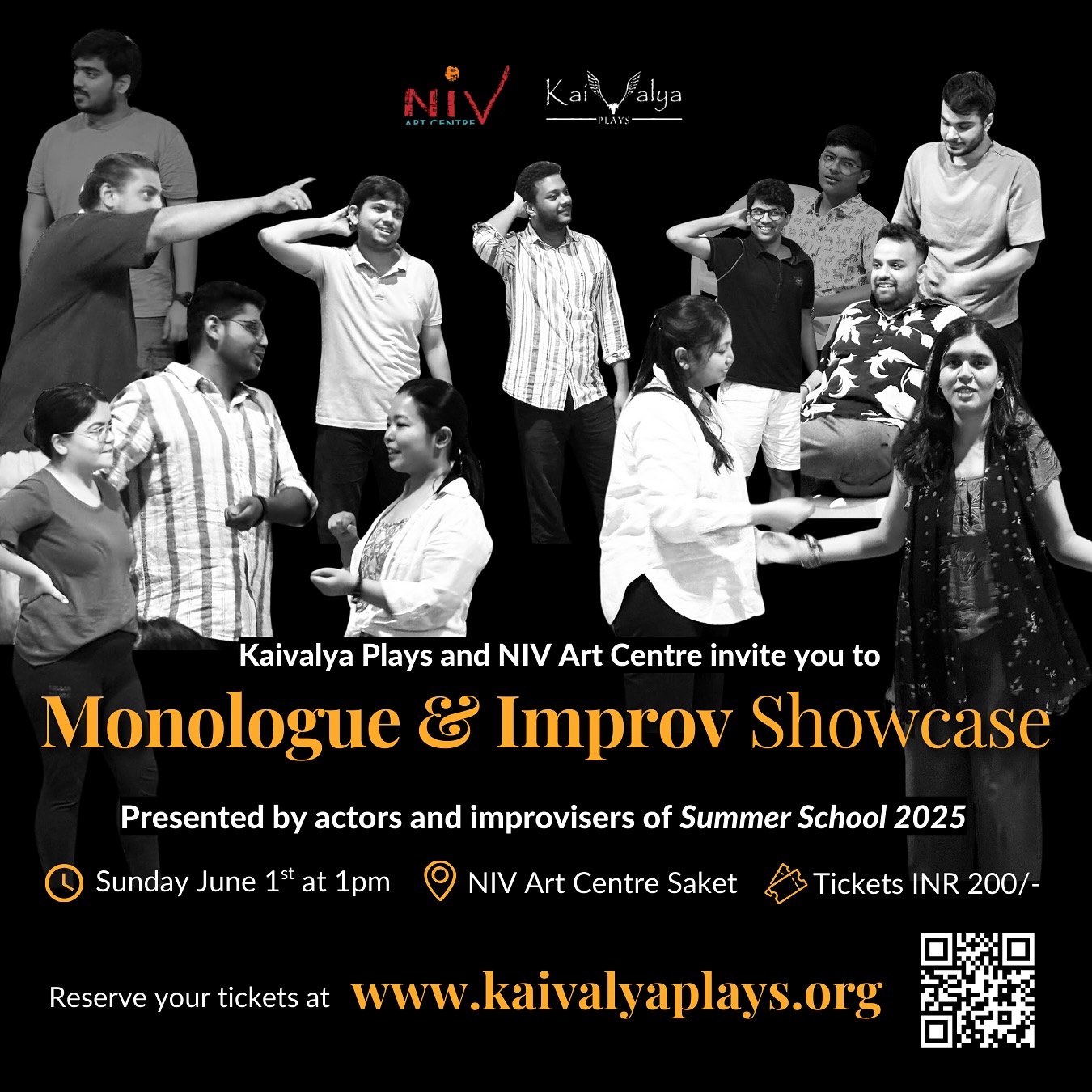 Experience an afternoon of live theatre, spontaneity, and storytelling!
After weeks of training, the performers of Kaivalya Plays' Summer School 2025 are ready to take the stage with powerful monologues and unscripted improv scenes — raw, real, and straight from the heart!
Join us this Sunday for the Monologue & Improv Showcase and see what we’ve been working on!
🗓️ Sunday June 1, 1 PM onwards
📍 NIV Art Centre, Saket
🎟️ Tickets priced at INR 200/- are available on the link (bit.ly/kpshowcase25) - or see link in bio!
P.S. The concluding day of the Summer School also has workshops on Documentation & Data in the Arts and Post-Dramatic & New Forms of Theatre in case you are interested.
For more information about the showcase and workshops, call or message 9818925599 (Gaurav)