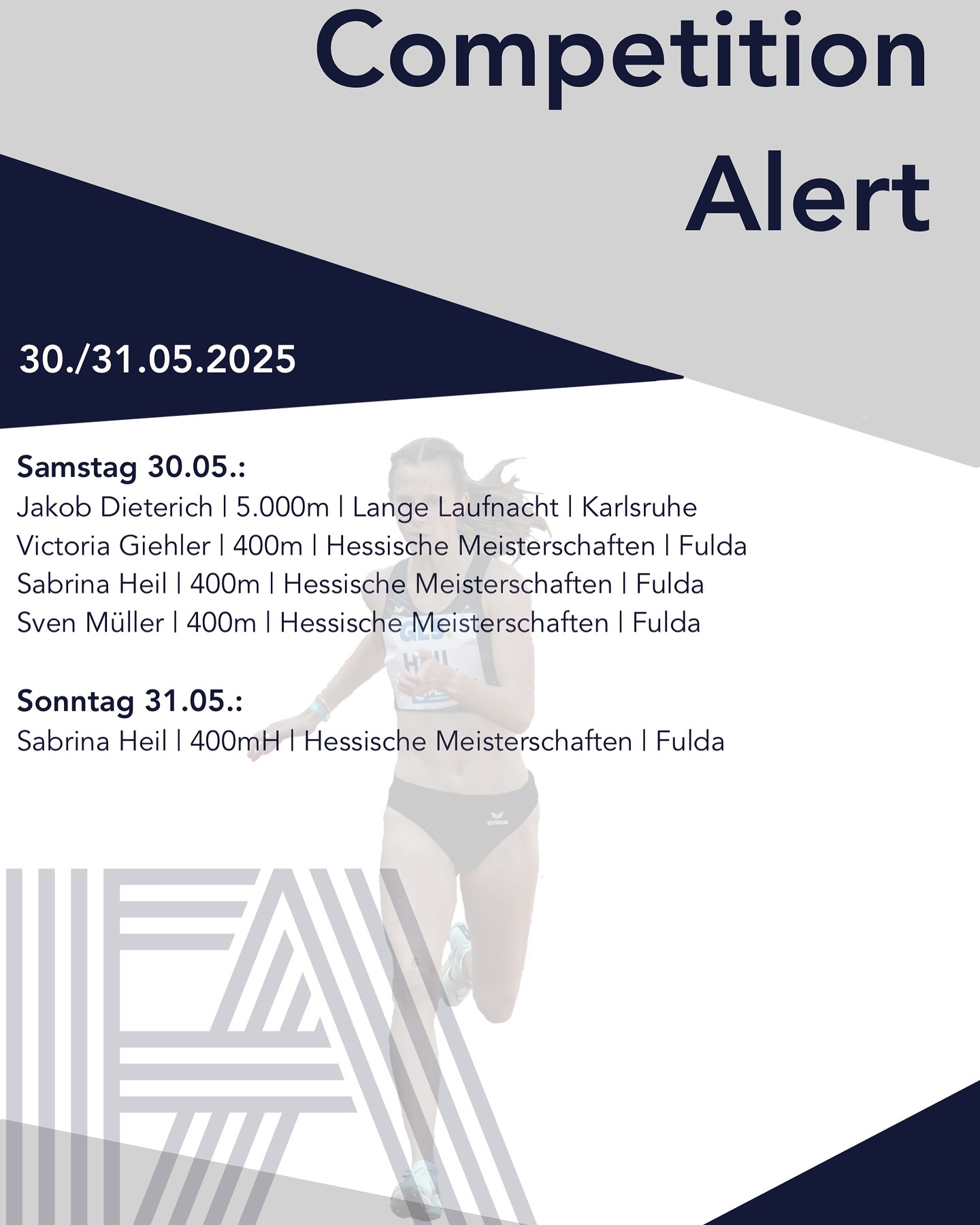 An diesem Wochenende stehen die hessischen Meisterschaften an, wo wir zahlreich vertreten sind 🔥:
Am Samstag starten über 400m gleich drei unserer Athleten @sven_mr04 , @sabrina.heil , @vicky.ghlr 💪⚡️.
Ebenfalls am Samstag unterwegs ist @jakob_dieterich über 5.000m bei der langen Laufnacht in Karlsruhe auf der Jagd nach der U23 EM-Norm 💥🏃♂️.
Am Sonntag steht für Sabrina dann die zweite Disziplin mit 400mH, ebenfalls bei den Hessischen Meisterschaften, an 🚧🚧.
.
Wir wünschen allen unseren starten tolle Zeiten und viel Erfolg 🙌.
.
.
#frankfurtathletics #fa #germanyathletics #faster #higher #further