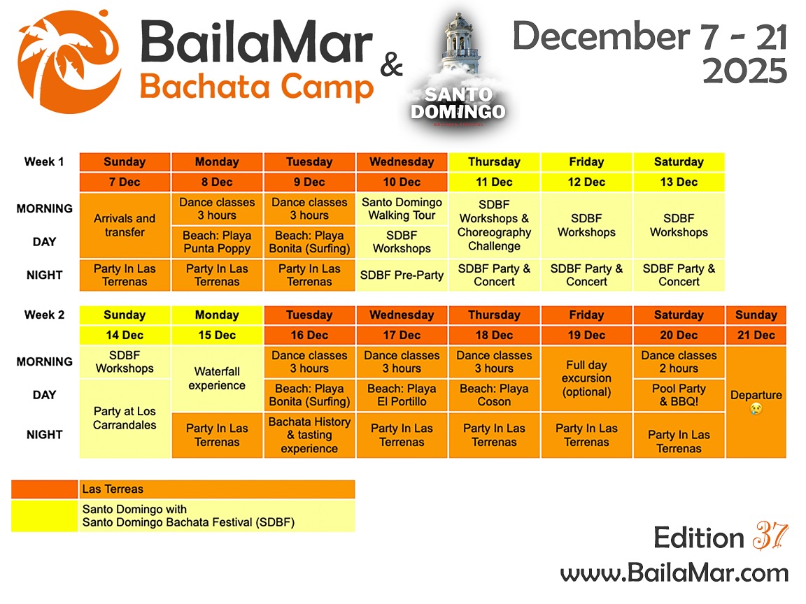 🎉 Big News for December 2025!
For the first time ever, BailaMar unites with the Santo Domingo Bachata Festival — and you’re invited to be part of it! 💃🏽🌴
This special edition combines everything we love about our traditional BailaMar program in Las Terrenas —
✔️ Intensive bachata workshops in small groups
✔️ Daily beach adventures in beautiful Samaná
✔️ Our legendary Pool Party! 🎉
PLUS an unforgettable festival experience in Santo Domingo — with:
🌟 Workshops with international instructors
🎶 Big bachata parties
🎤 Live concerts
📅 Dates: December 7–21, 2025
✅ What’s included in the BailaMar Package:
• 14 nights accommodation (villas + hotels)
• 3 meals a day in Las Terrenas, breakfasts in Santo Domingo
• 18 hours of small-group workshops
• All program transportation
• Beach tours, waterfall trip, Santo Domingo city walk, Pool Party
• Full Pass to Santo Domingo Bachata Festival — all workshops, parties & concerts included!
📍More info & registration at: BailaMar.com
Let’s dance, explore, and celebrate bachata together in true Dominican style! 🫶🇩🇴
#BailaMar #BachataFestival #SantoDomingoBachataFestival #BachataHoliday #DominicanRepublic #DanceTravel #LasTerrenas #BachataLife #BachataAdventure #BachataRetreat