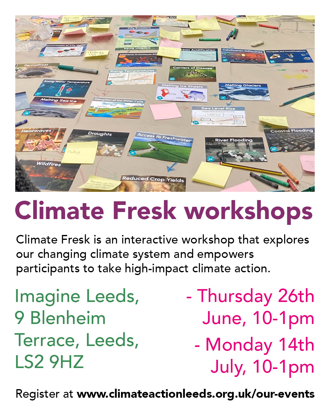 If you want to learn more about climate change, this is for you!
Climate Fresk is an interactive workshop that explores our changing climate system.
We are holding two sessions in June and July at Imagine Leeds:
- Thurs 26th June, 10-1pm
- Monday 14th July, 10-1pm
The sessions are free, no experience or knowledge necessary, but booking is essential - head to our website to sign up.
