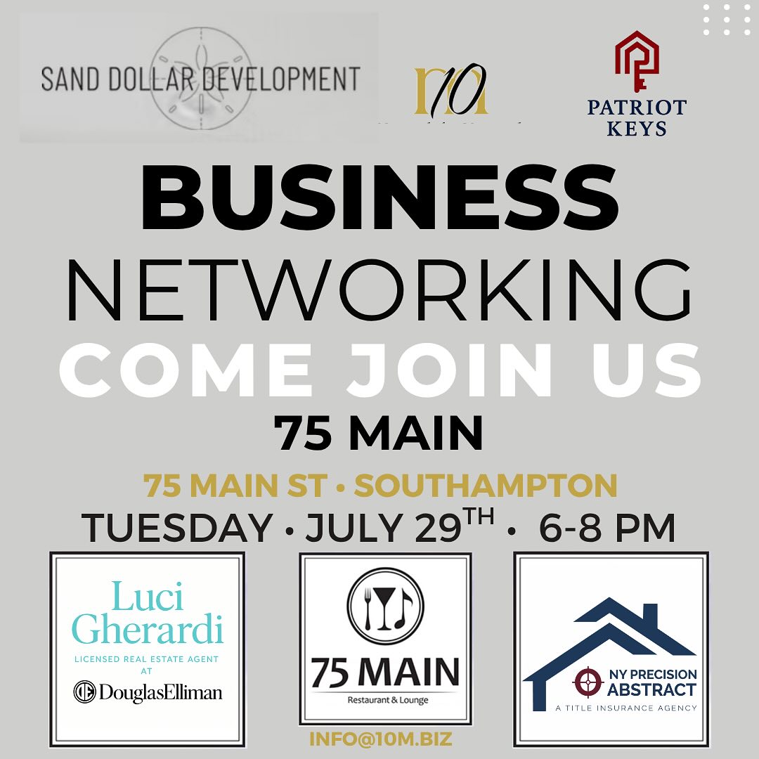 JULY IS HEATING UP🔥
We’ve got TWO incredible business networking events you won’t want to miss! Double the opportunity, double the connections, double your business this summer! Let’s make it happen!
📍 Tuesday, July 22 • 6–8 PM
Blackstone Steakhouse • Melville
Partnering with NY Precision Abstract & Patriot Real Properties
🤝
📍 Tuesday, July 29 • 6–8 PM
75 Main • Southampton
With Sand Dollar Development, Patriot Real Properties, Luci Gherardi of Douglas Elliman & NY Precision Abstract
Network, grow, and make moves! #LetsGo
#10MNetwork #BusinessNetworking #FoundFundedFlipped #Blackstone #75MainSouthampton #RealEstateCommunity #InvestWithPurpose #JVDeals #NetworkingWith10M #BuildWealth #EntrepreneurEvents #SouthamptonRealEstate #LongIslandInvestors #PRP #PatriotKeys