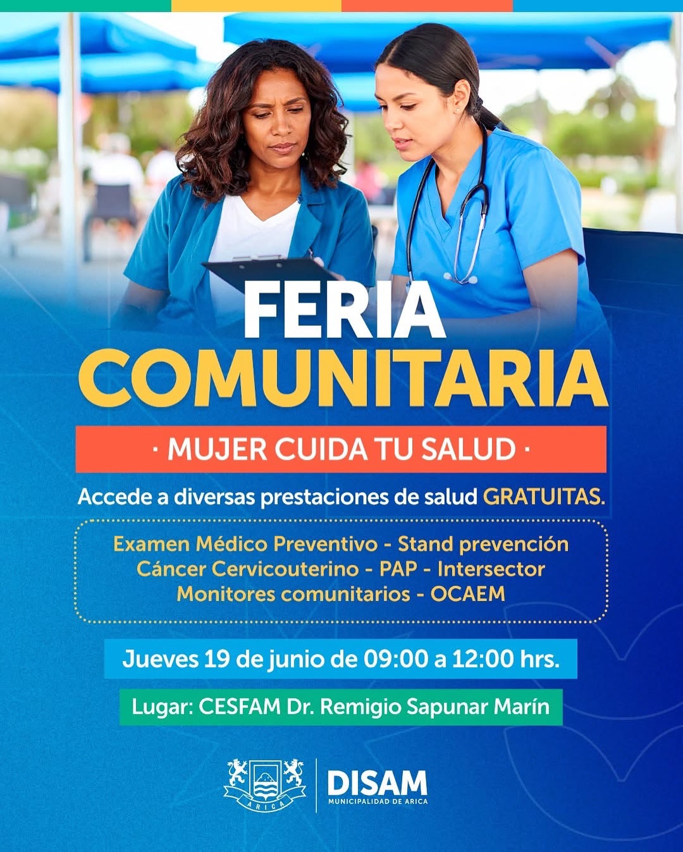 📢#Atención | La Dirección de Salud Municipal Arica informa a la comunidad una nueva 𝗙𝗲𝗿𝗶𝗮 𝗖𝗼𝗺𝘂𝗻𝗶𝘁𝗮𝗿𝗶𝗮, esta vez organizada por el CESFAM Dr. Remigio Sapunar Marín.
¡Te esperamos con diversas atenciones gratuitas!
🗓Jueves 19 de junio📍
Lugar: Frontis CESFAM desde las 09:00 a 12:00 horas ⏰
Revisa todo los detalles en la siguiente gráfica. 👆🏽