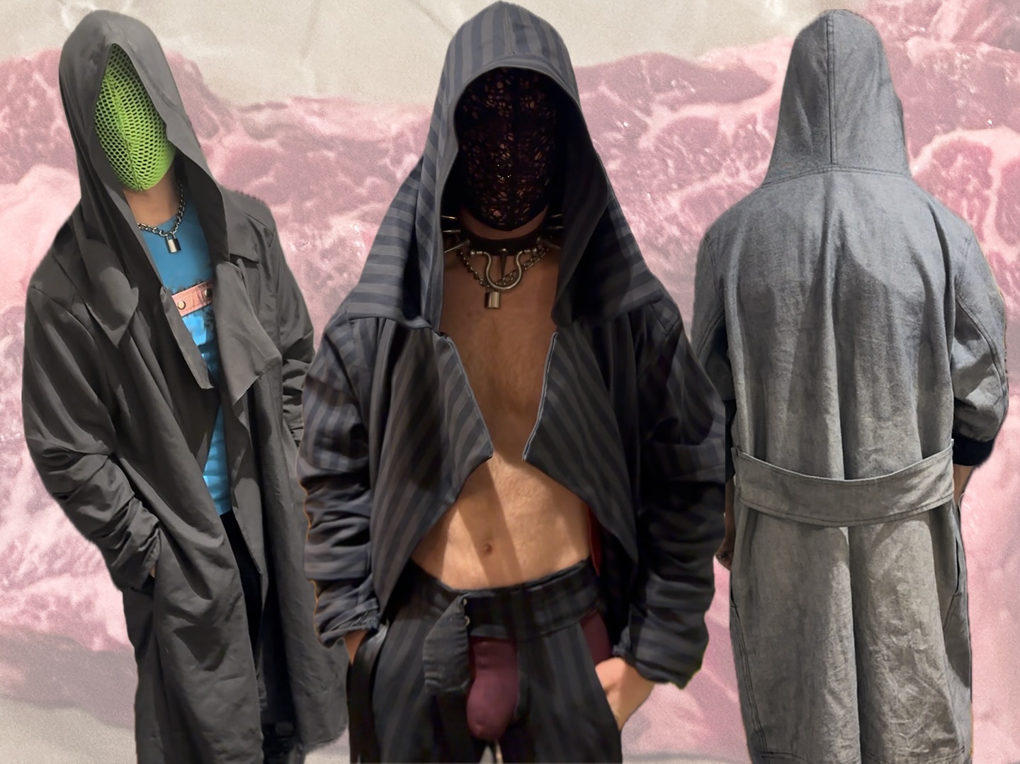 This is the BrotherHood; a hooded robe cut for fluid layering and quiet strength. Shown here with the Mesh Hood mask, which allows clear vision out but keeps your identity hidden. Available in a variety of textiles to demonstrate the design’s versatility.
Joey here first modeled my codpiece jeans 15 years ago. Today I’m taking the design out of the storage and pairing it with my new collection of chaps and robes.