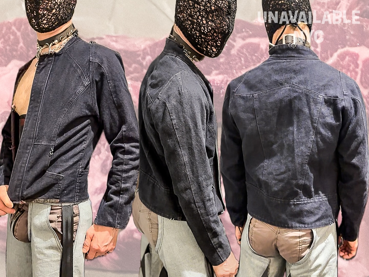 The black denim moto jacket worn with the original codpiece shorts and raw denim chaps. Finished with the Mesh Hood for controlled anonymity. Structured, layered and designed to shift from subtle to bold.
Joey here first modeled my codpiece jeans 15 years ago. For this collection I’m taking the design out of the vault and pairing it with my new collection of chaps and robes.