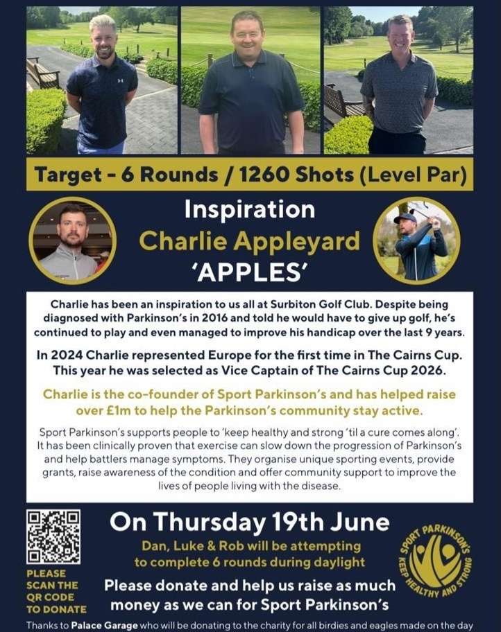 Mid-Summer Madness is taking place at Surbiton today where Dan, Luke and Rob are attempting to complete 6 rounds during daylight to raise money for @sportpdinsta inspired by Charlie Appleyard.
Full details attached if you'd like to show your support with a donation. If you're at the club today, please also show your support. 1260 shots in 31 degree heat will not be an easy task!
https://www.gofundme.com/f/midsummer-madness
#midsummergolf #charitygolf #6roundsoneday #surreygolf #surreygolfcourse #golfchallenges