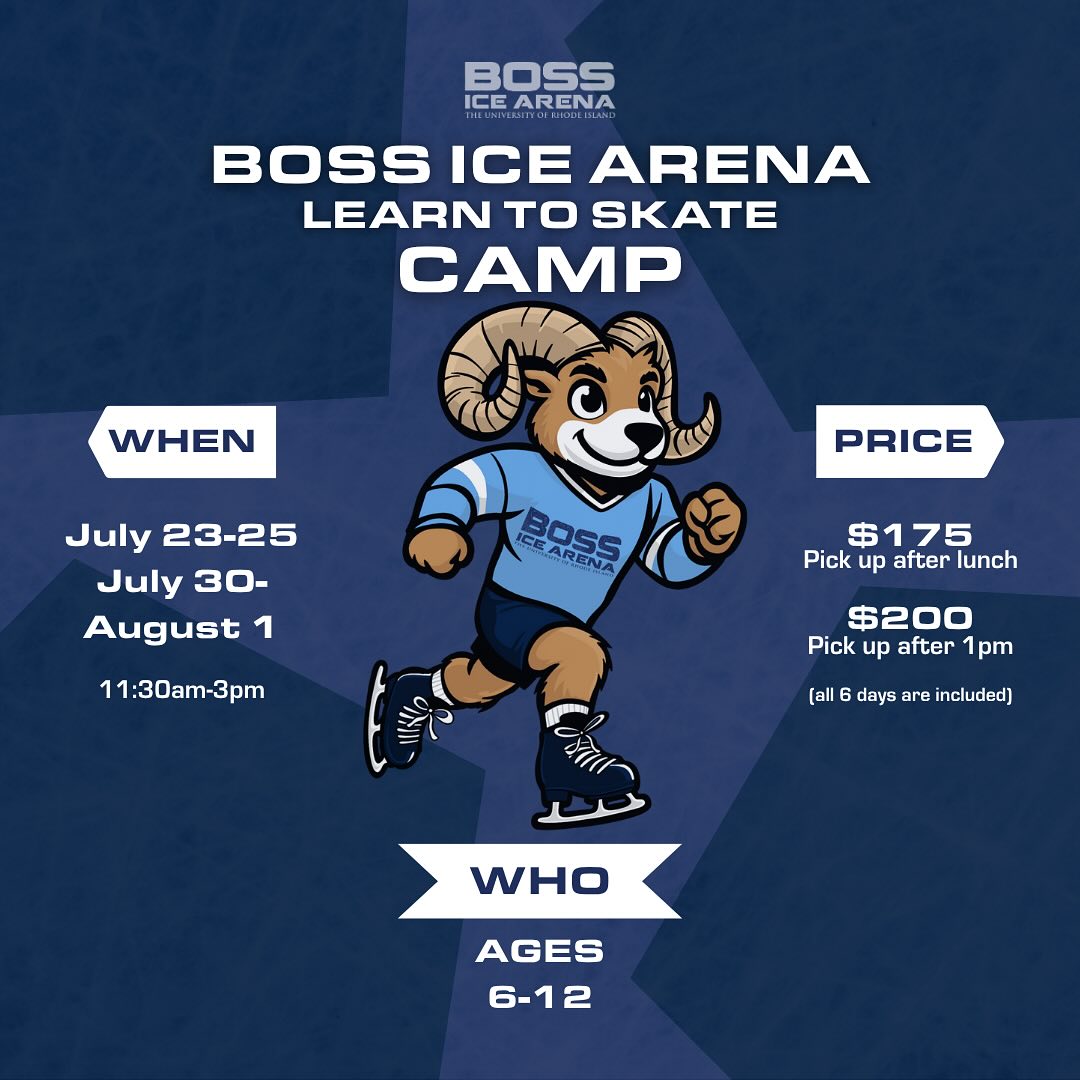 BOSS ICE ARENA LEARN TO SKATE CAMP
Calling all children 6-12 years old to come join us July 23-25 & July 30-August 1 for six days of fun, games, and skating skills at our Learn to Skate Camp!
Time starts at 11:30am until 3pm
$175 pickup after lunch | $200 pickup after 1pm
Located at 1 Keaney Rd, Kingston, RI
Sign up today!
https://boss.finnlyconnect.com/registration/activityitem/14672