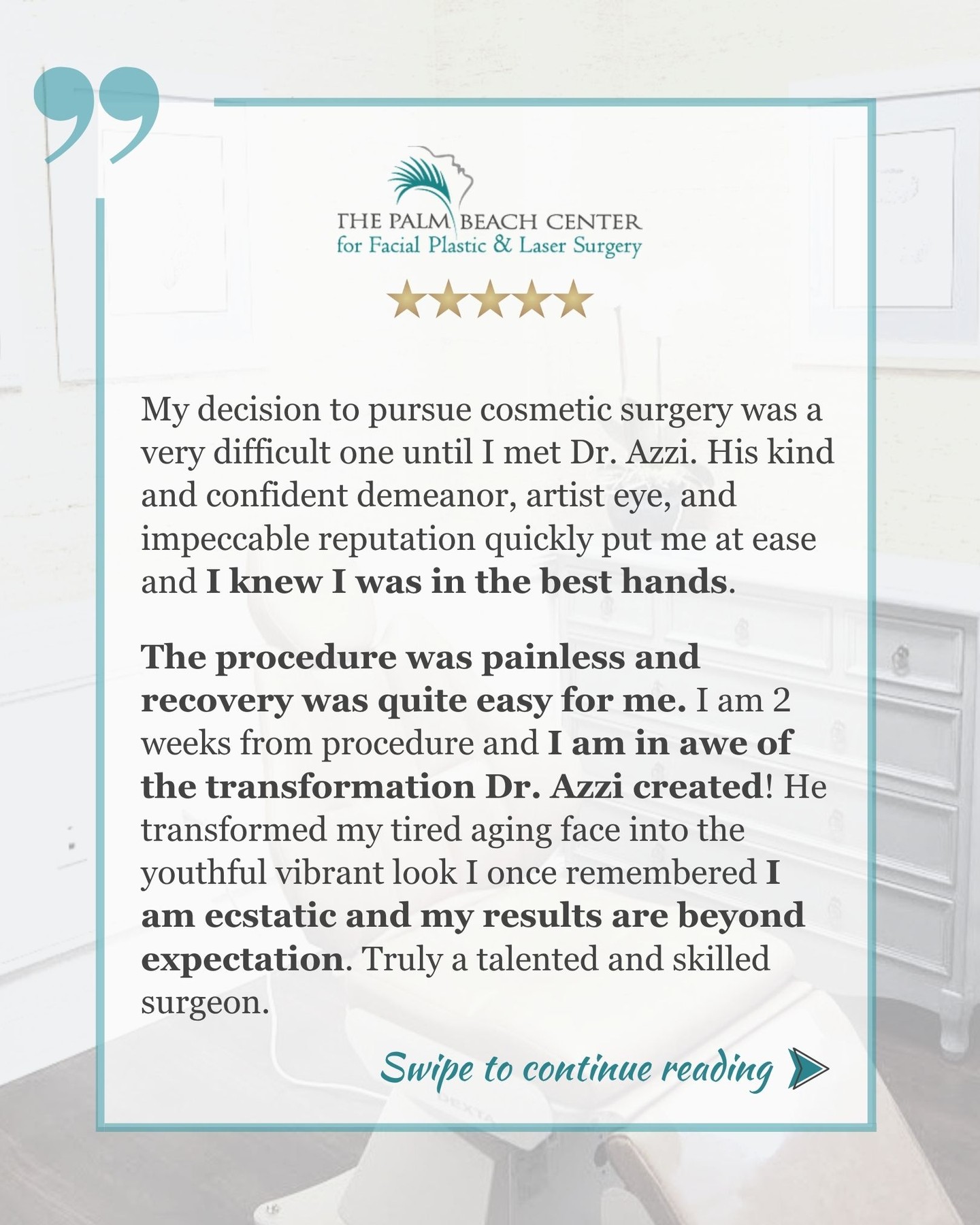 Thank you, Felecia! 🥰
#DrAzzi #FacialPlasticSurgery #PlasticSurgeon #facialplasticsurgeon #JupiterFL #JupiterFlorida #PalmCity #ThePalmBeaches #PalmBeachesFL #PalmBeachLife #westpalmbeachfl #ilovewpb #PalmBeachCounty #PalmBeachGardens #StuartFL #Tequesta #SouthFlorida #HobeSound #VeroBeach