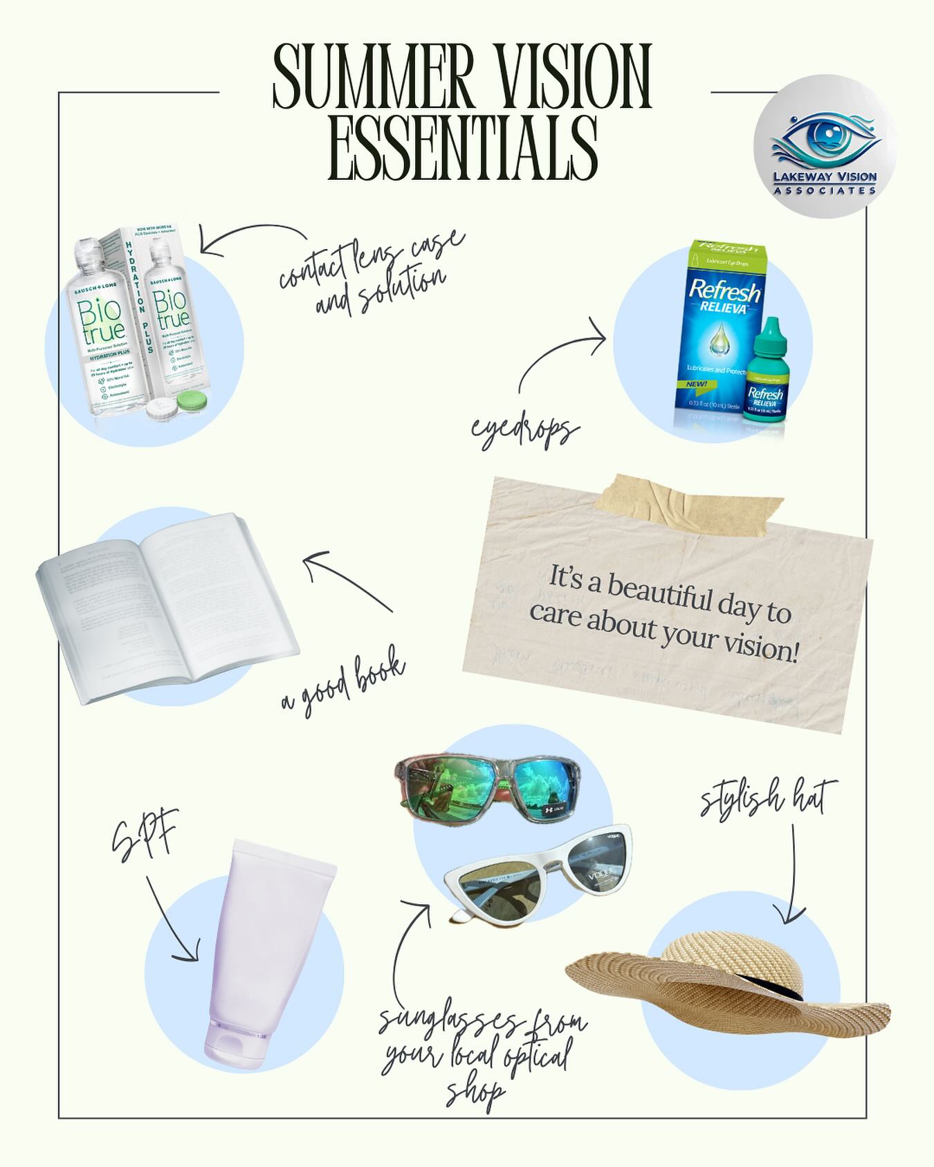 it’s officially summer and we’re here to help keep those eye balls healthy! Whether you’re out on Lake Travis or walking around South Congress these items can help to protect and hydrate your eyes throughout these long sunny days! We hope you all have a great summer and even though it is not on our vision essentials list, stay hydrated! ☀️🕶️🩵