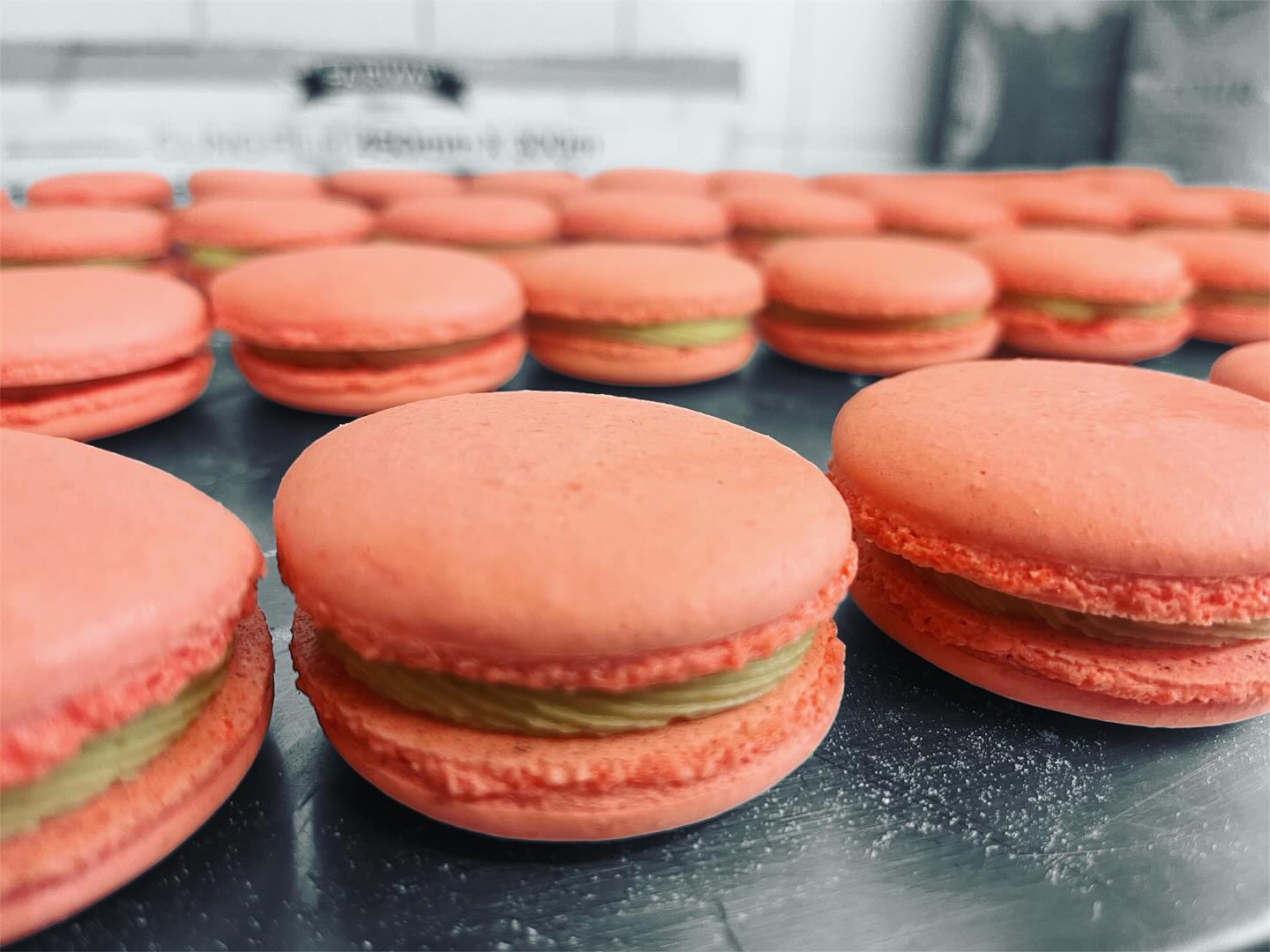 Raspberry & pistachio macarons going out to @thesodafountainlymeregis this morning 🌅 ☺️